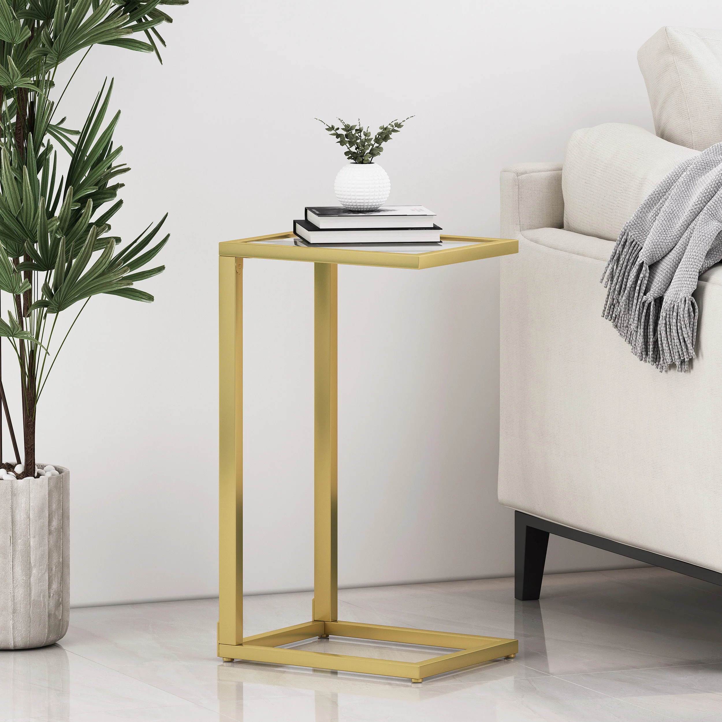 Hebble Modern Glam Glass Top C-Shaped Side Table, Gold - furnishings