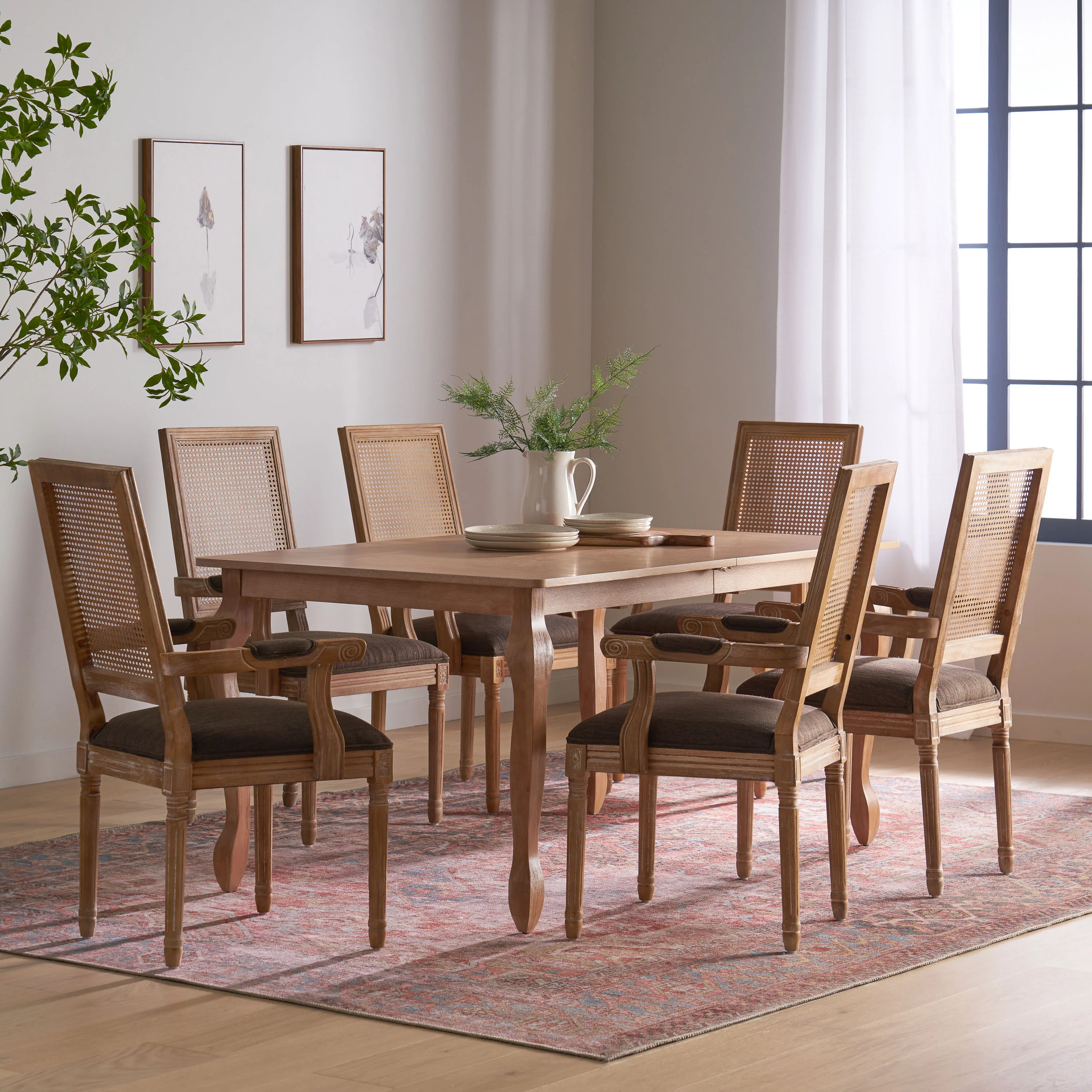 Regan French Country Fabric Upholstered Wood and Cane Expandable 7 Piece Dining Set - furnishings