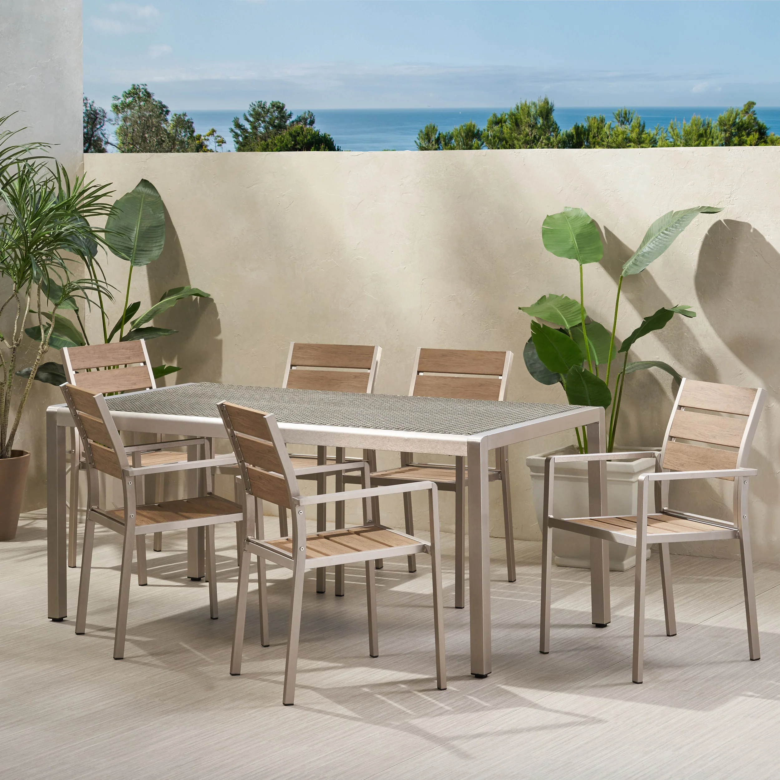 Cherie Outdoor Modern Aluminum 6 Seater Dining Set with Faux Wood Seats - furnishings