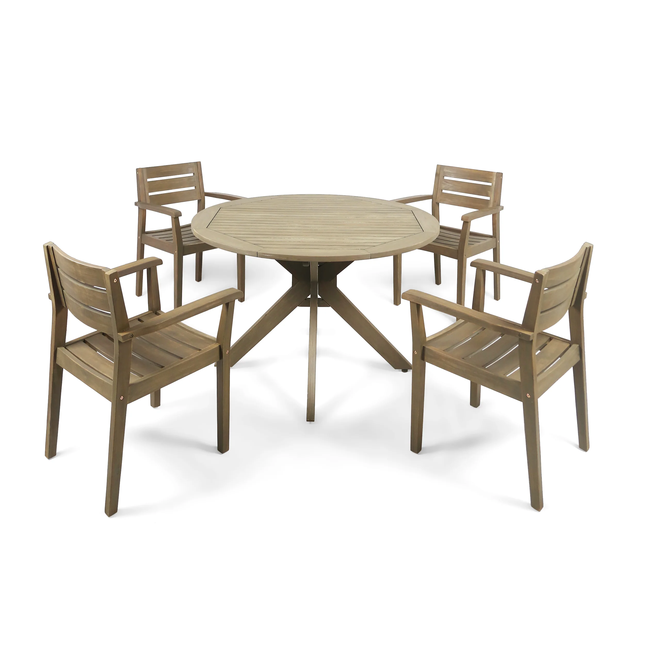 Zack Outdoor 5 Piece Acacia Wood Dining Set with Round Table, Gray Finish - furnishings