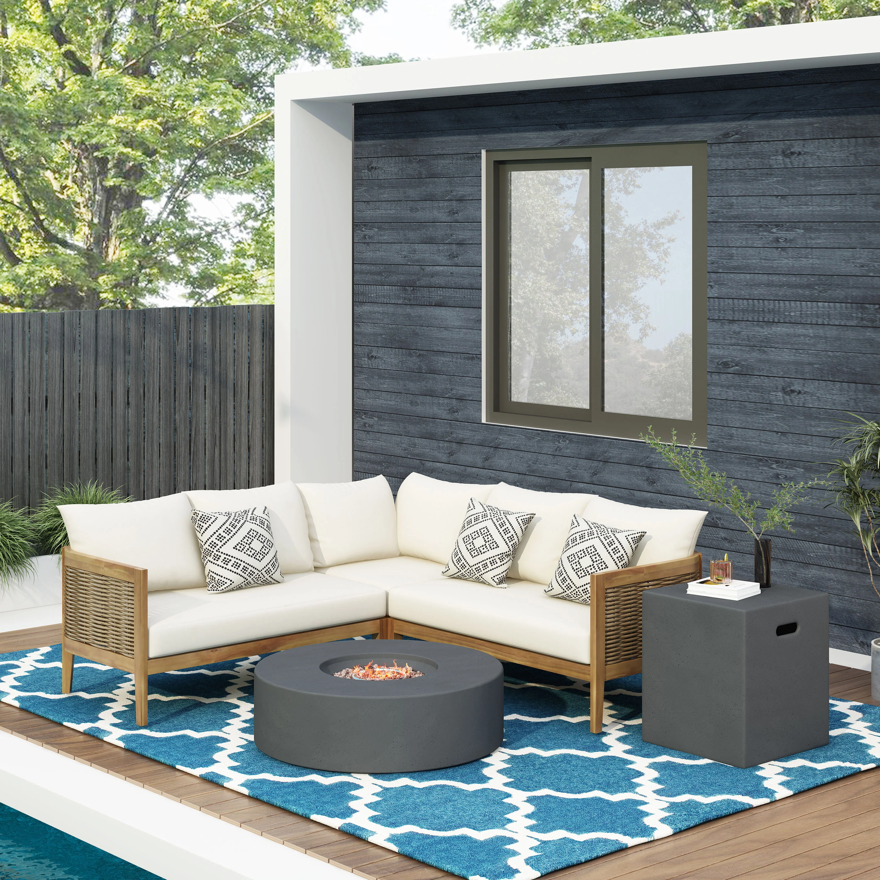 The Crowne Collection Outdoor Acacia Wood and Round Wicker 5 Seater Sectional Sofa Chat Set with Fire Pit - furnishings