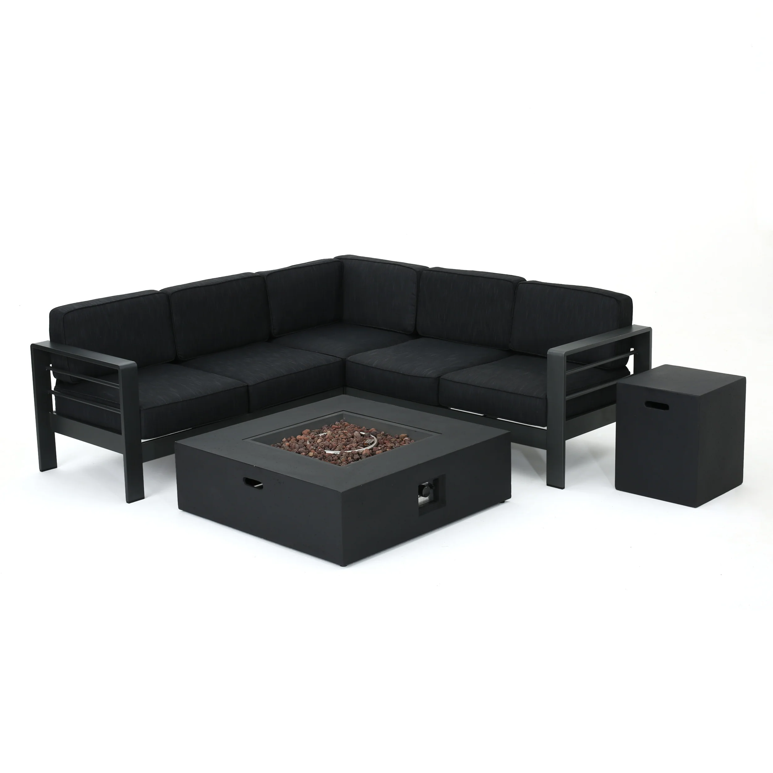 Coral Bay Outdoor Grey Aluminum 5 Piece V-Shape Sectional Sofa Set with Fire Table - furnishings