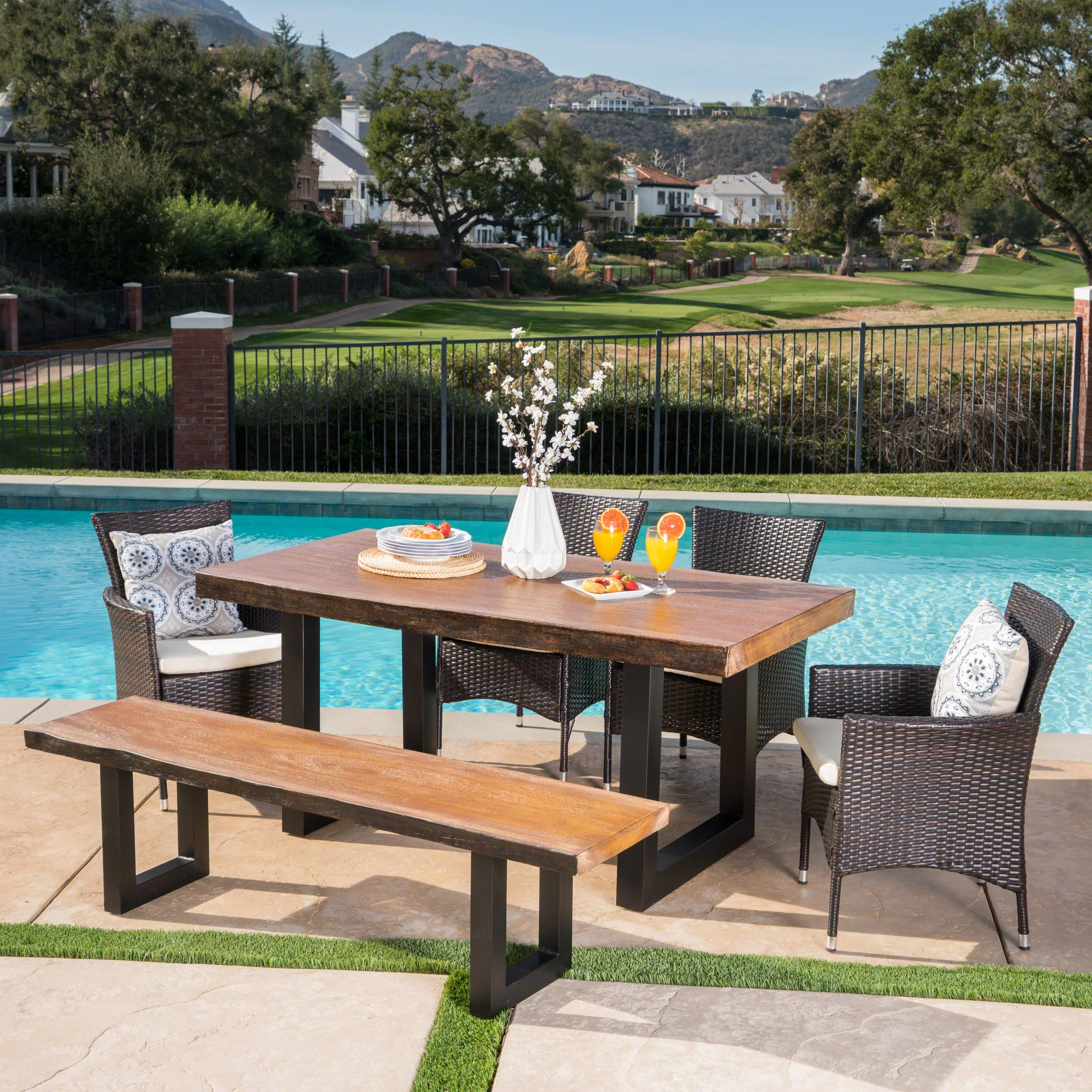 Louise Outdoor 6 Piece Multibrown Wicker and Concrete Dining Set - furnishings