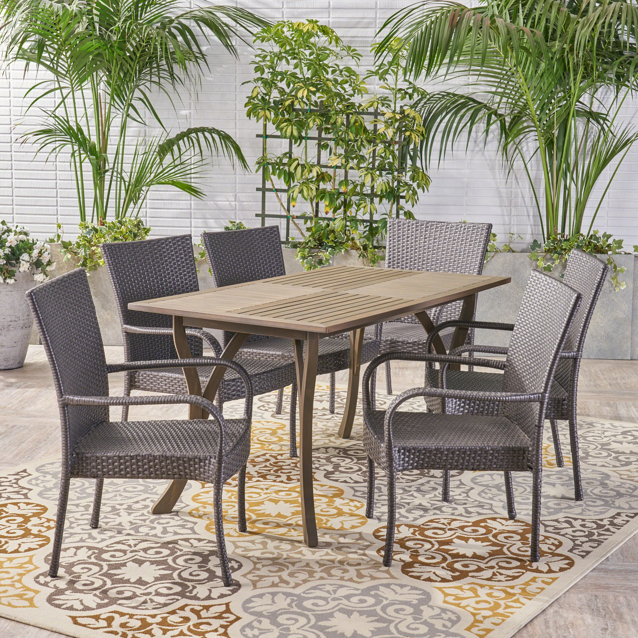 Robin Outdoor 7 Piece Wood and Wicker Dining Set, Gray and Gray - furnishings