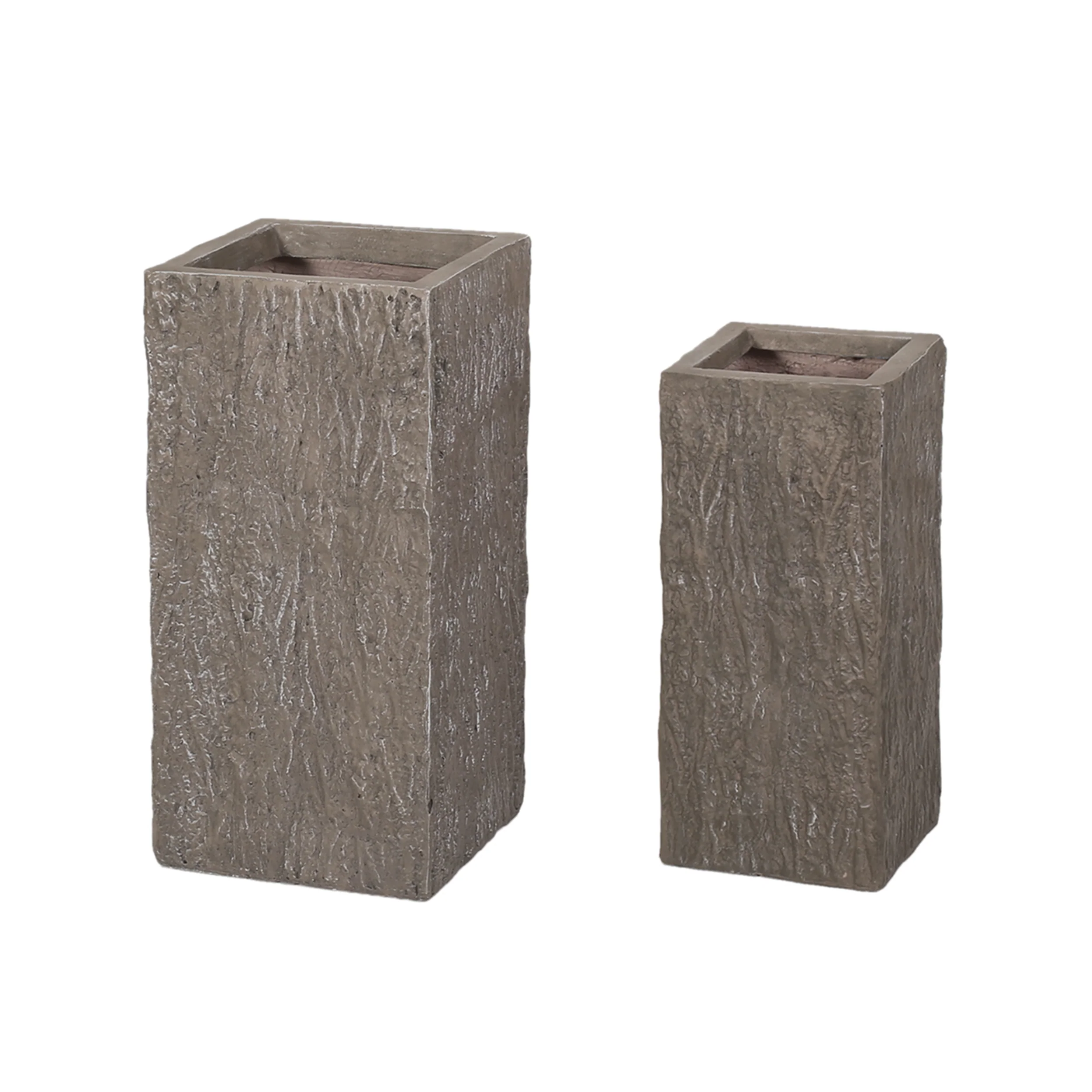 Berkamn Outdoor Medium and Small Cast Stone Planters, Set of 2, Brown Wood - furnishings