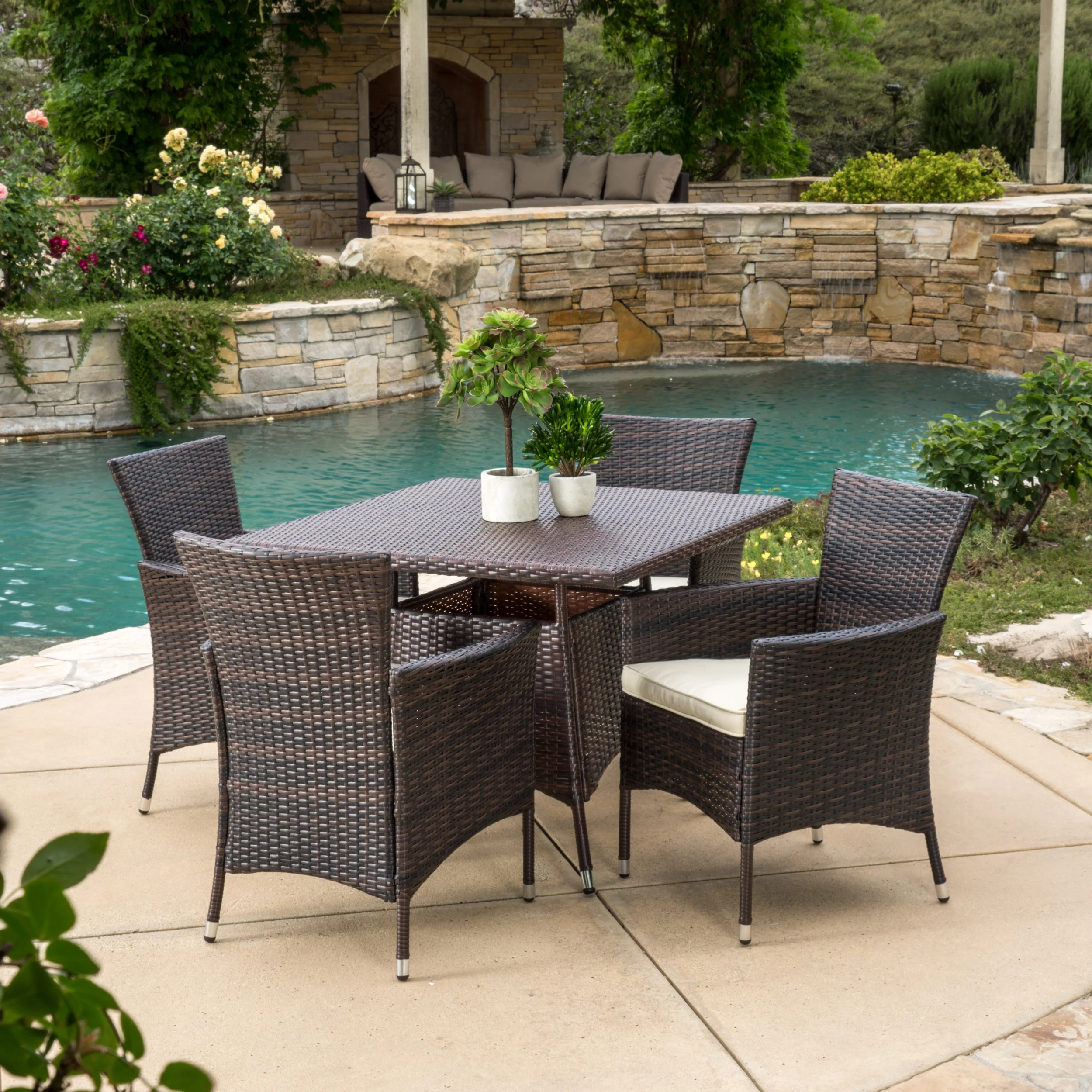 Clementine Outdoor 5pc Multibrown Wicker Square Dining Set - furnishings