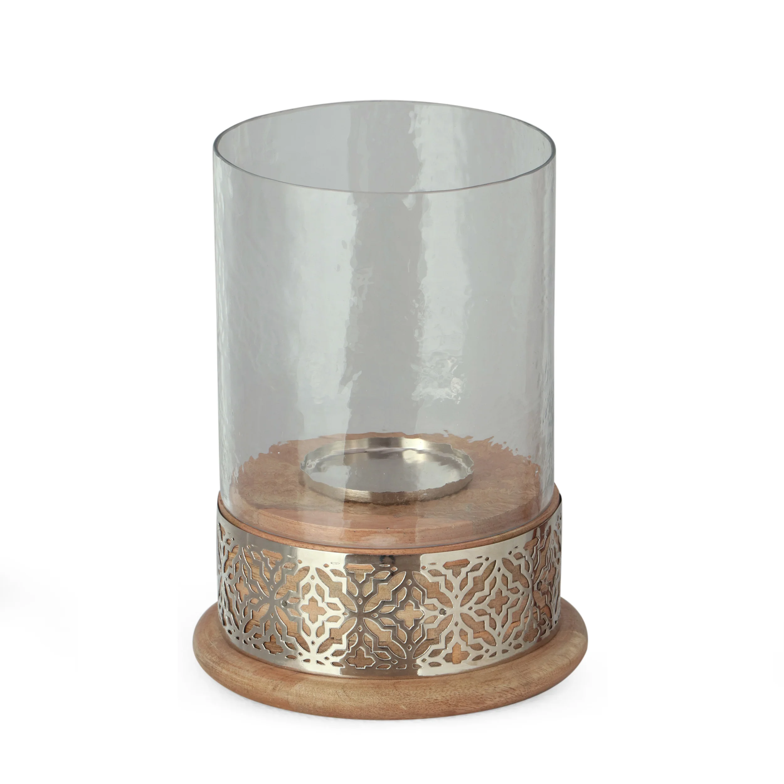 Mondell Boho Handcrafted Mango Wood Hurricane Candle Holder, Natural and Nickel - furnishings