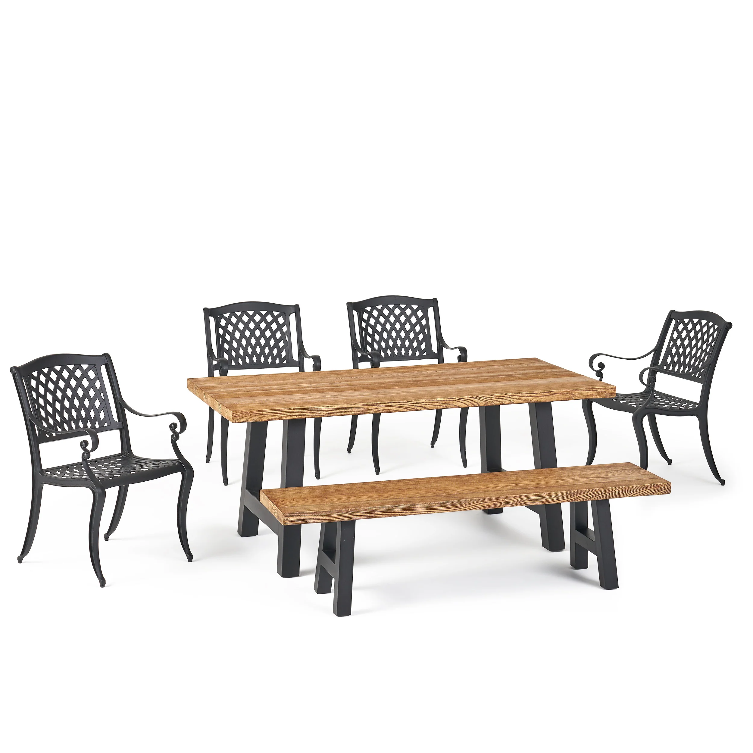 Dorris Outdoor 6 Piece Black Sand Aluminum Dining Set with Light Weight Concrete Table and Bench - furnishings