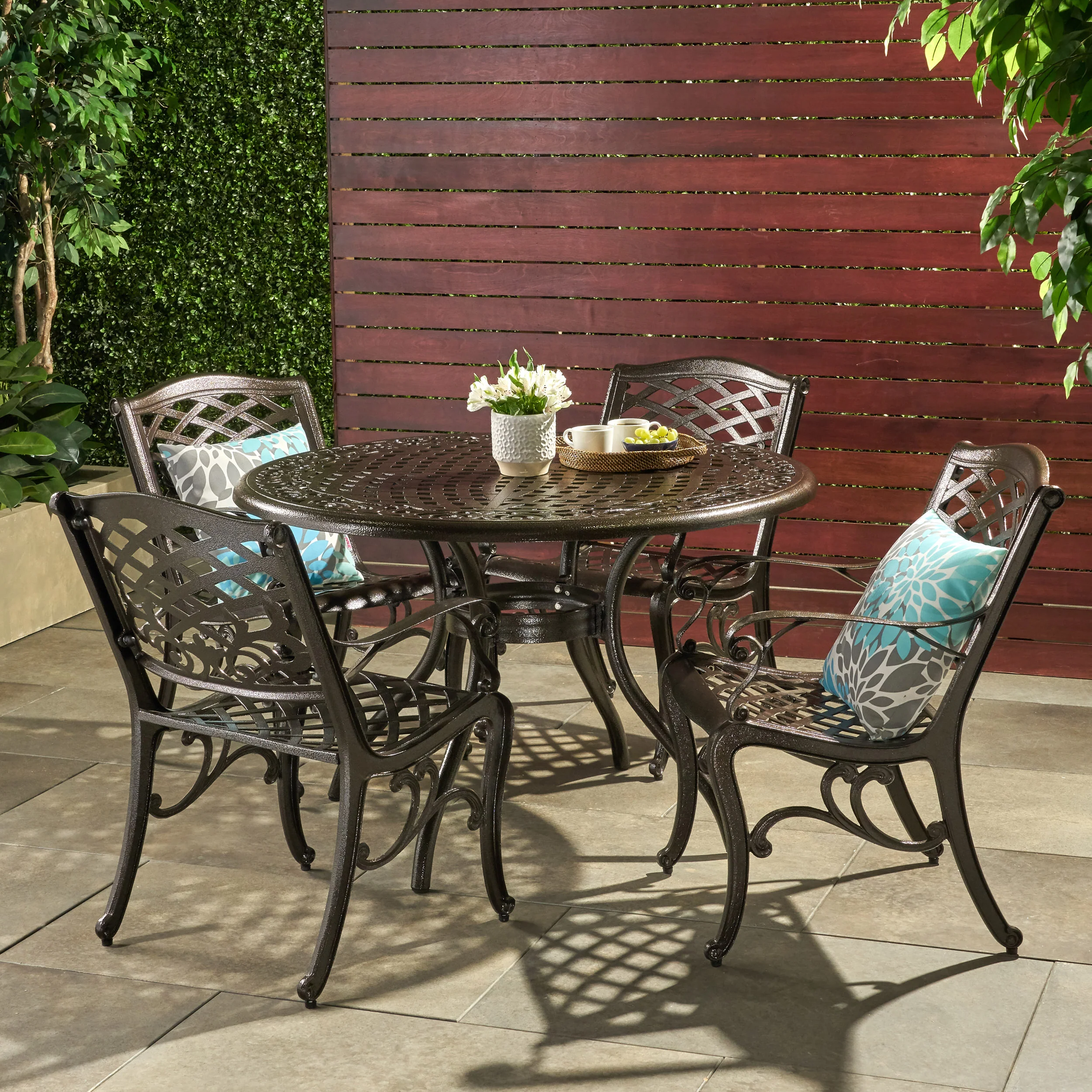 Covington Outdoor 5-Piece Bronze Cast Aluminum Dining Set with Umbrella Hole - furnishings