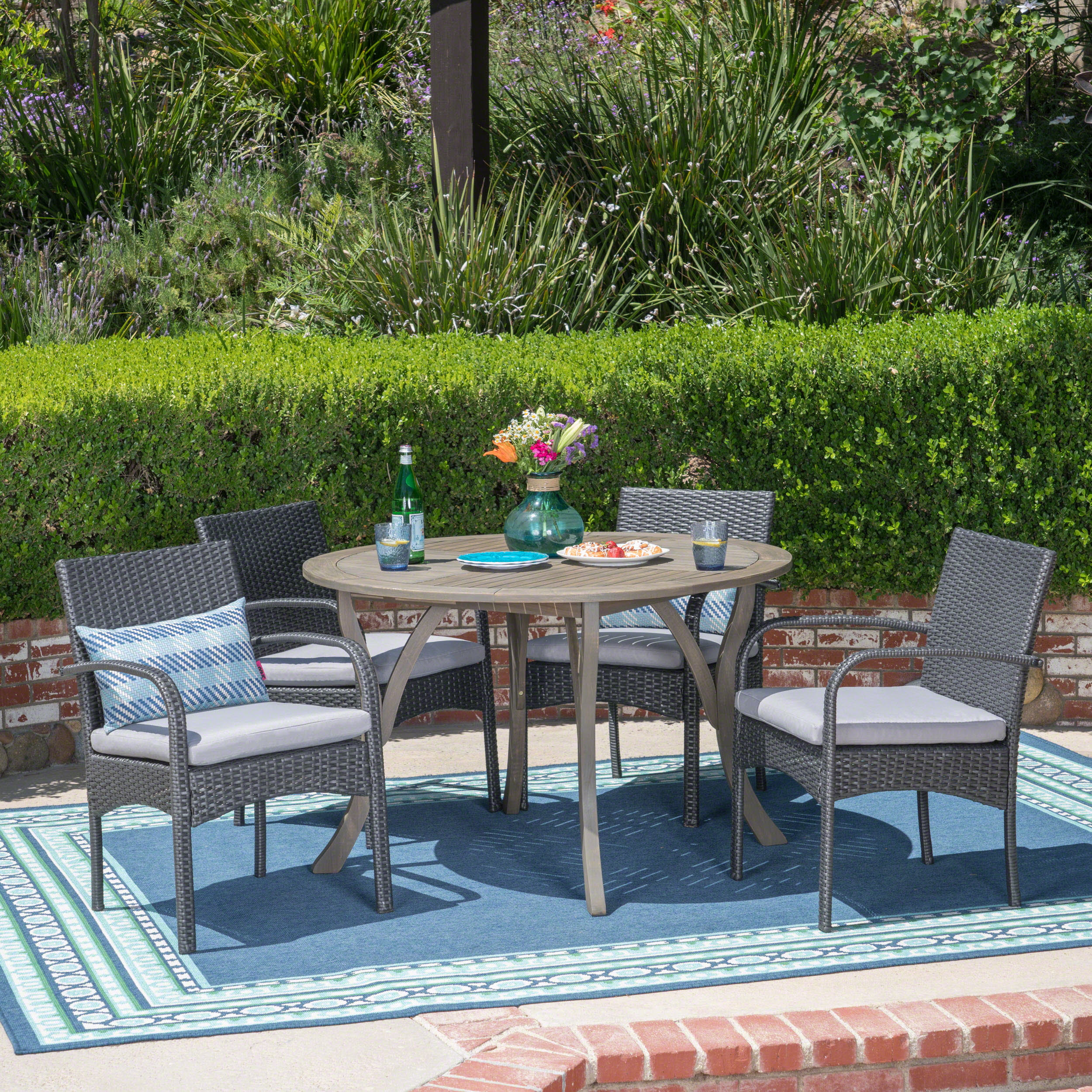 Jaden Outdoor 5 Piece Acacia Wood and Wicker Dining Set - furnishings