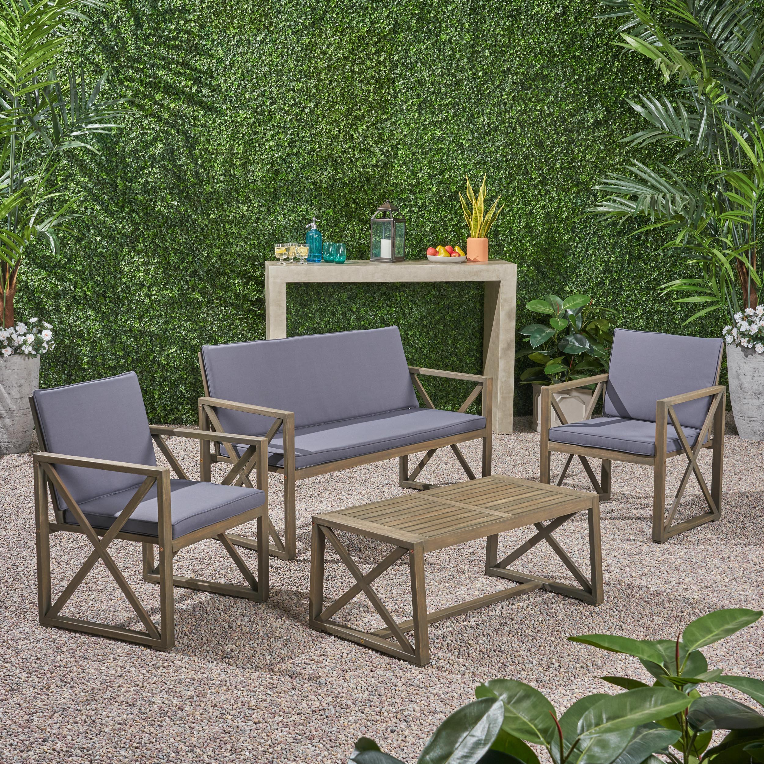 Penny Outdoor Acacia Wood 4 Piece Chat Set with Cushions - furnishings