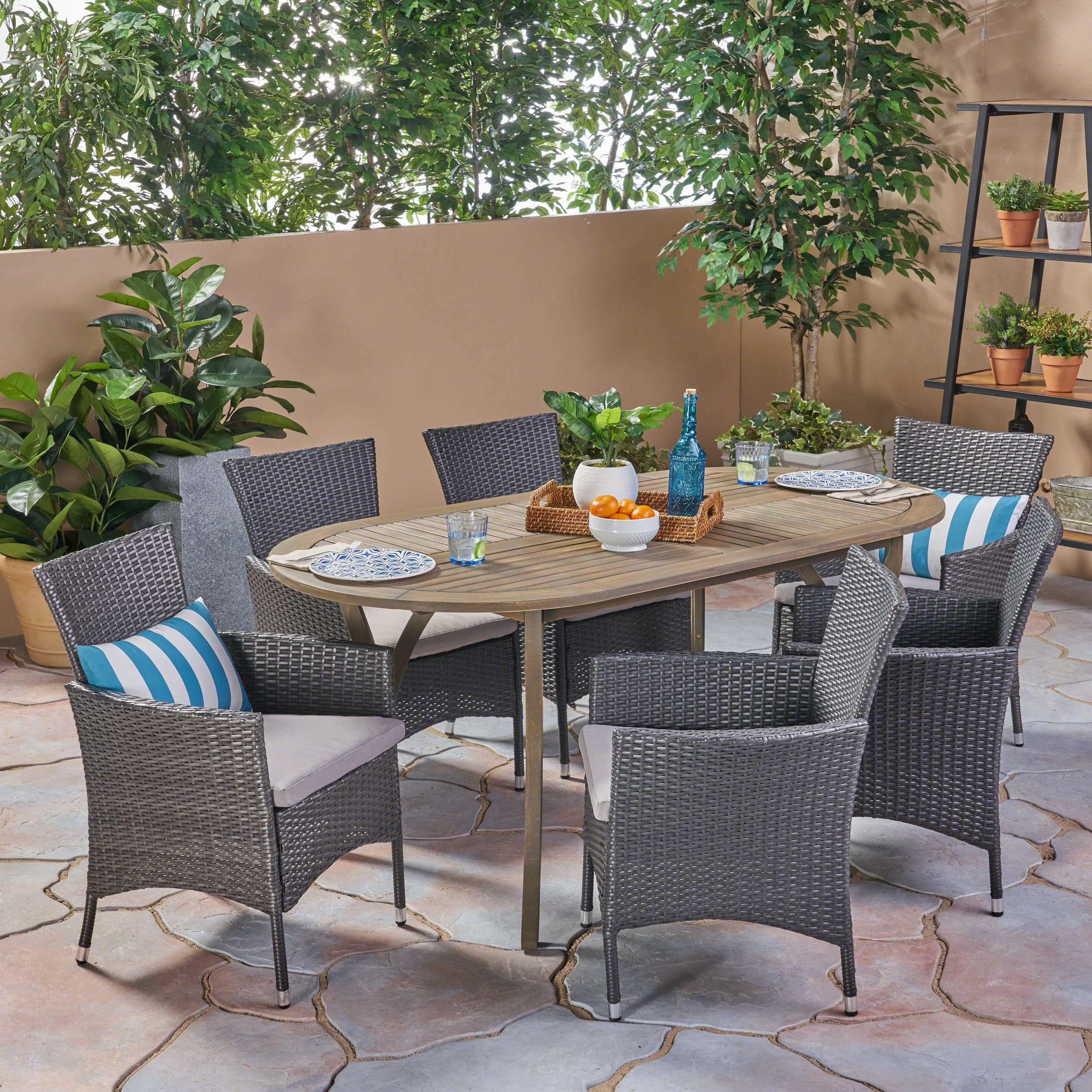 Dahl Outdoor 7 Piece Wood and Wicker Dining Set, Gray Finish and Gray - furnishings