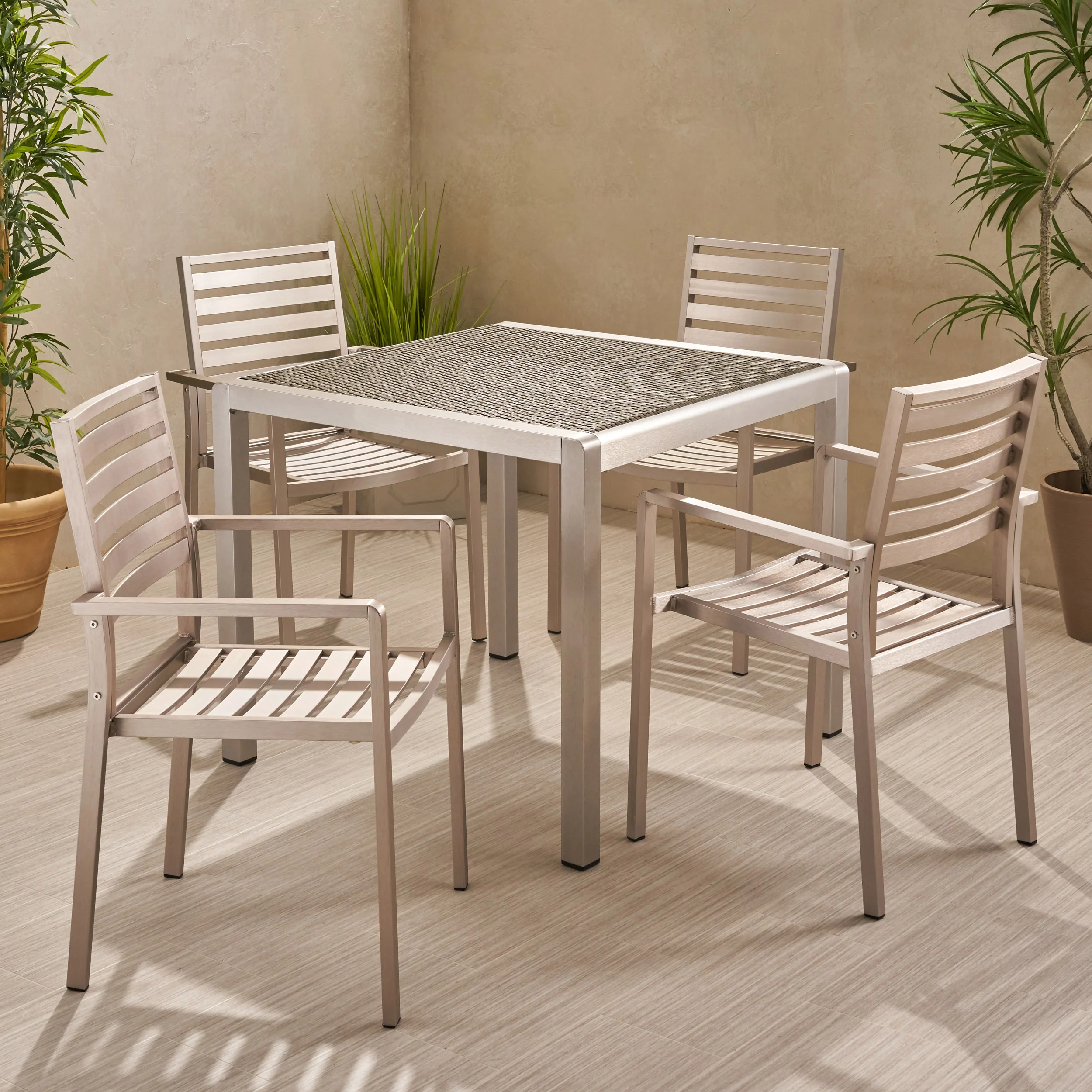 Cherie Outdoor Modern 4 Seater Aluminum Dining Set with Wicker Table Top - furnishings