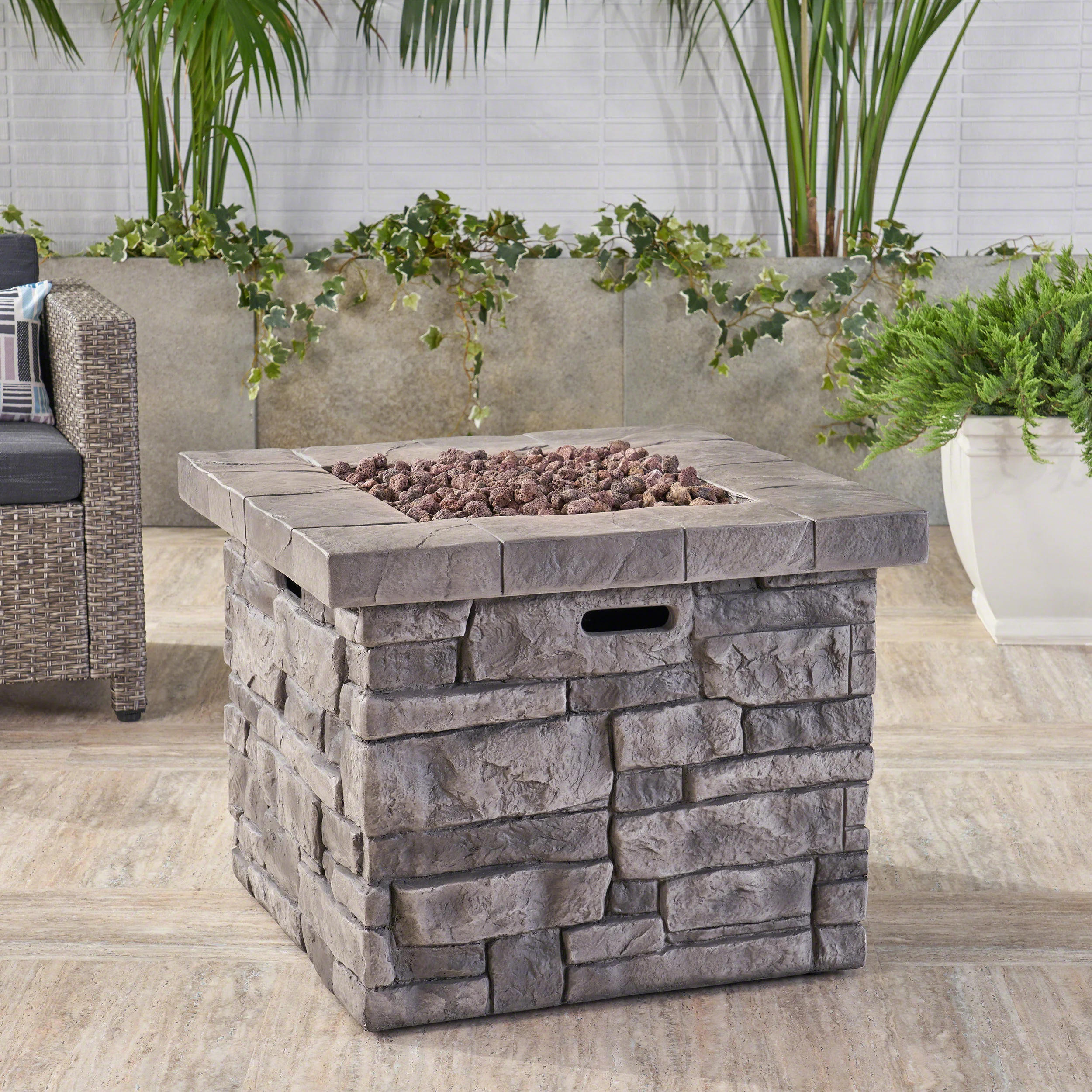 Angeleno Outdoor Square Gray Lightweight Concrete Fire Pit with Stone Finish - furnishings