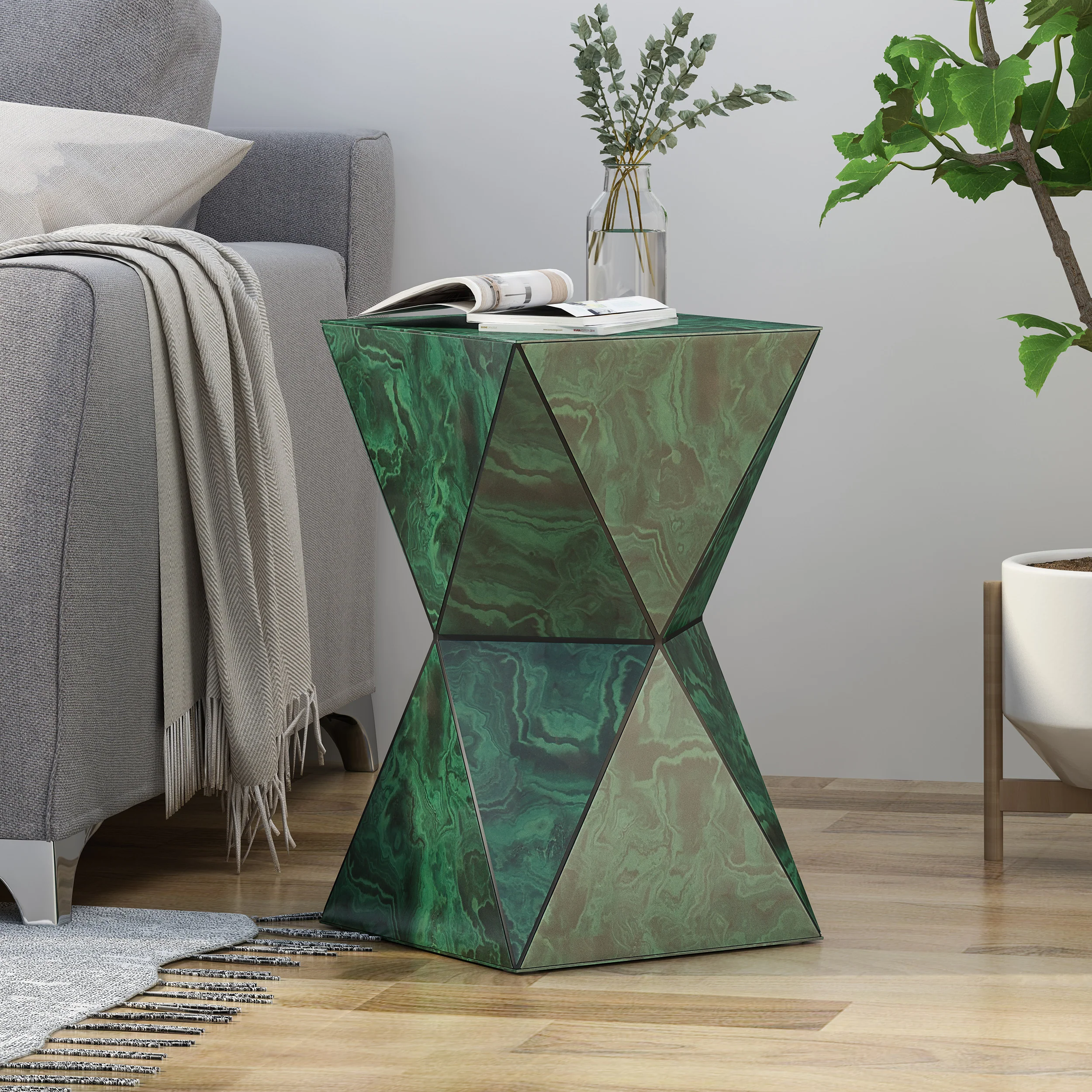 Larry Tempered Glass Hourglass Side Table, Malachite Finish - furnishings