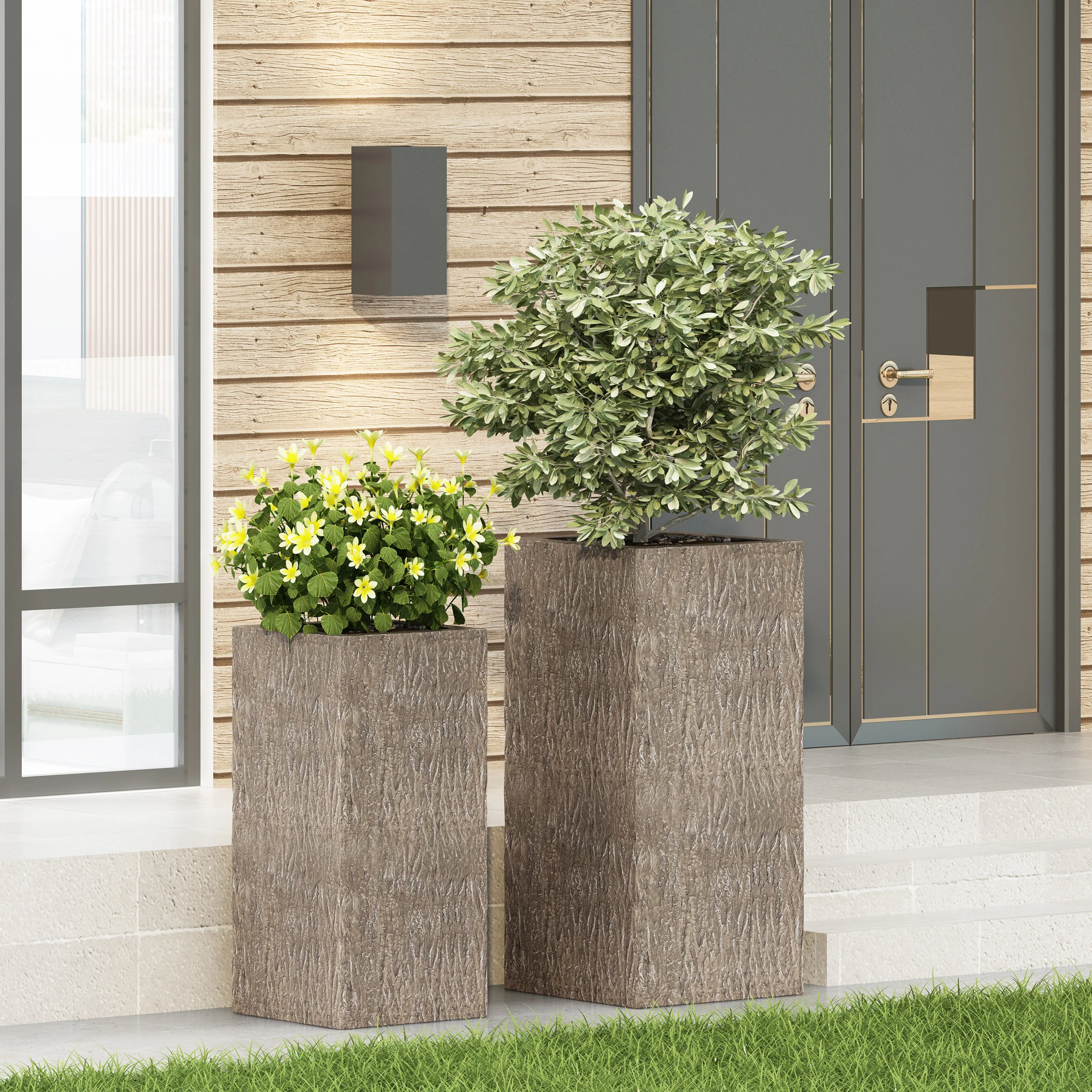 Berkamn Outdoor Large and Medium Cast Stone Planters, Set of 2, Brown Wood - furnishings