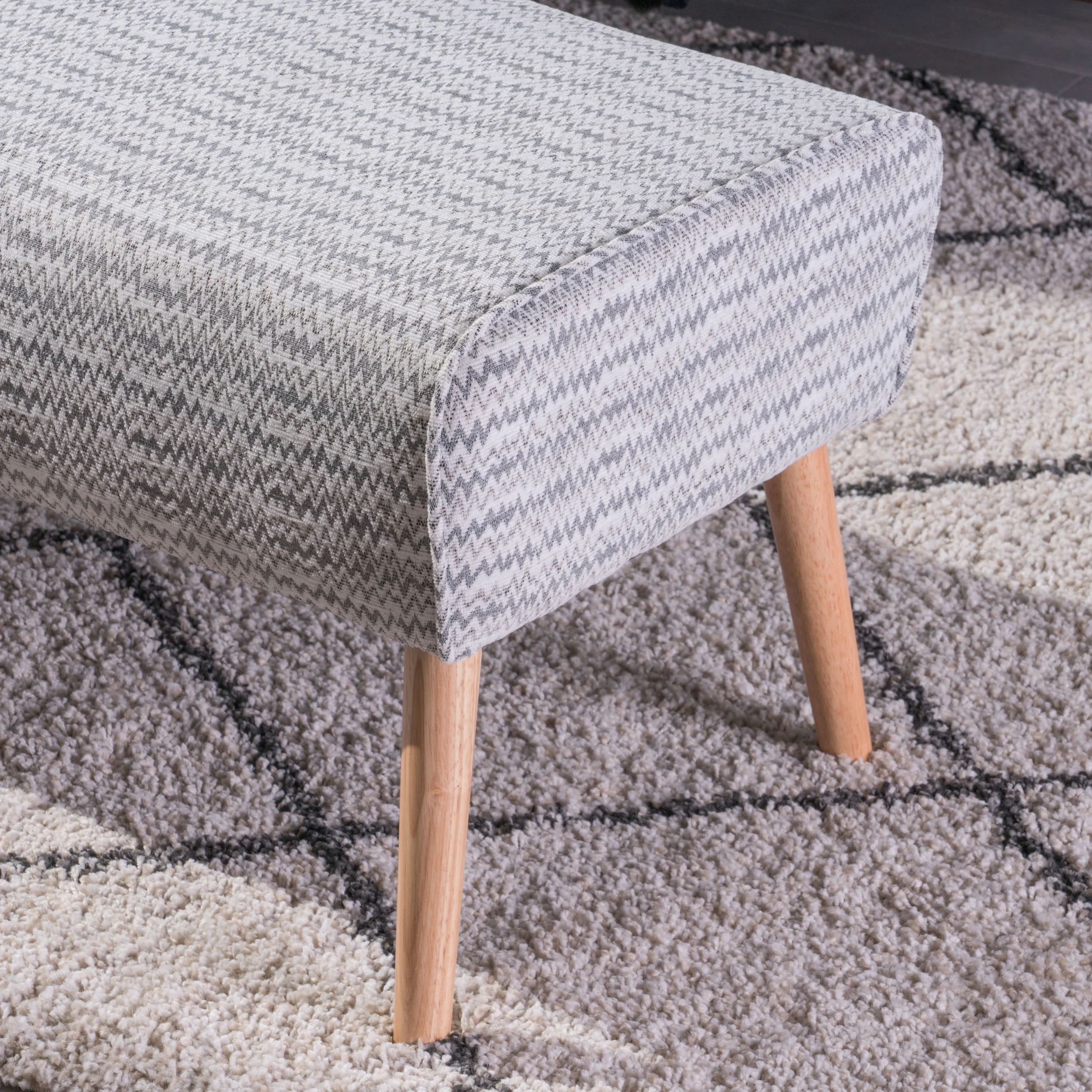 Sade Mid Century Boho Fabric Ottoman, Light Grey Zig Zag Pattern - furnishings