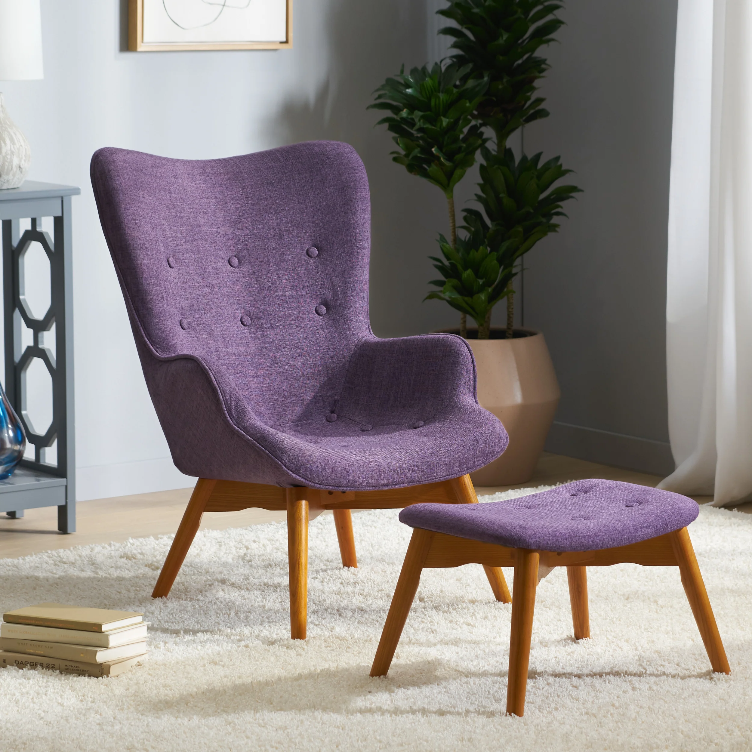 Acantha Mid-Century Modern Wingback Fabric Chair and Ottoman Set - furnishings