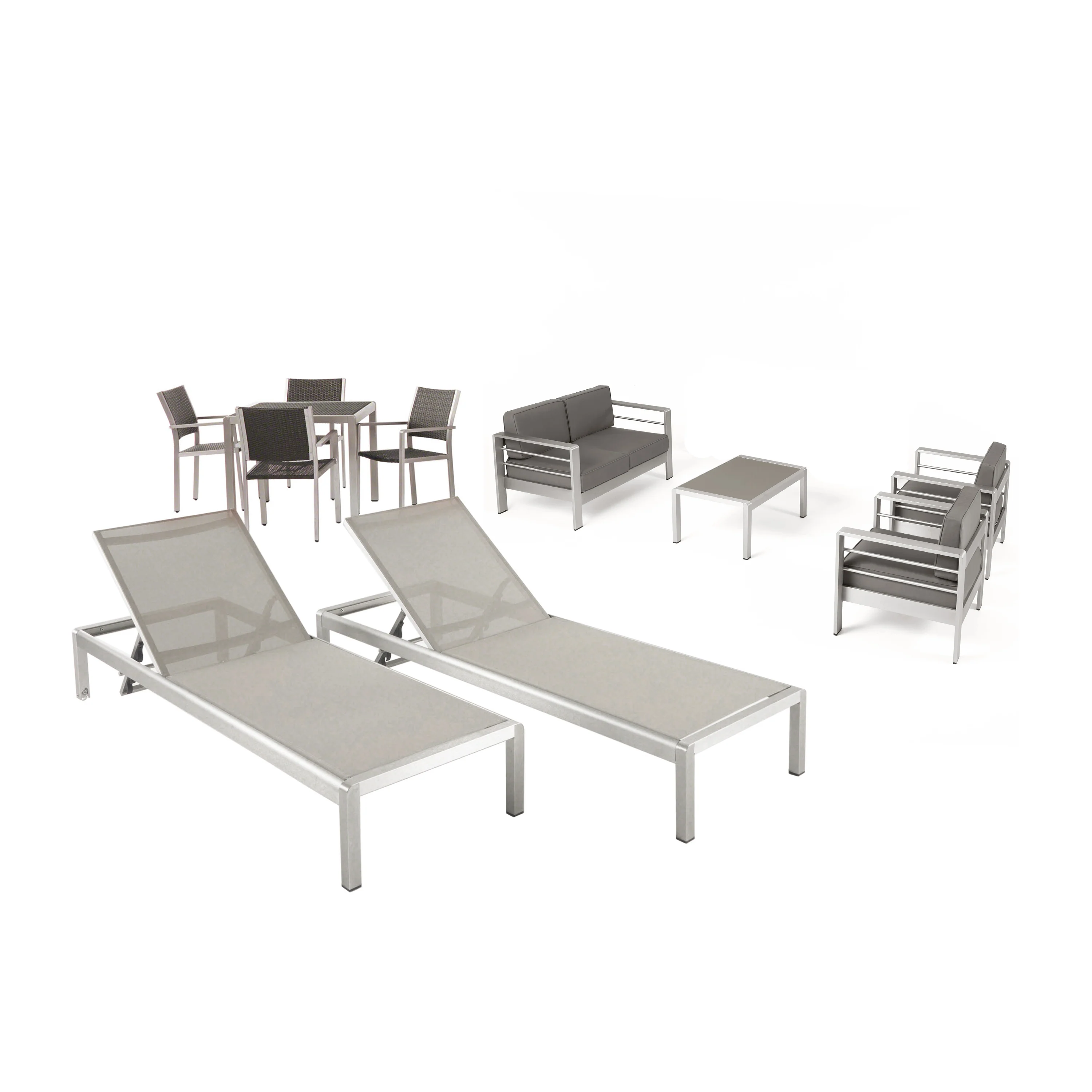 Julia Patio Collection - 4-Seat Dining Set, 3-Piece Conversation Set, 2 Chaise Lounges, Coffee Table - Aluminum - Wicker Table Top and Seats - Silver, Gray, Khaki - furnishings