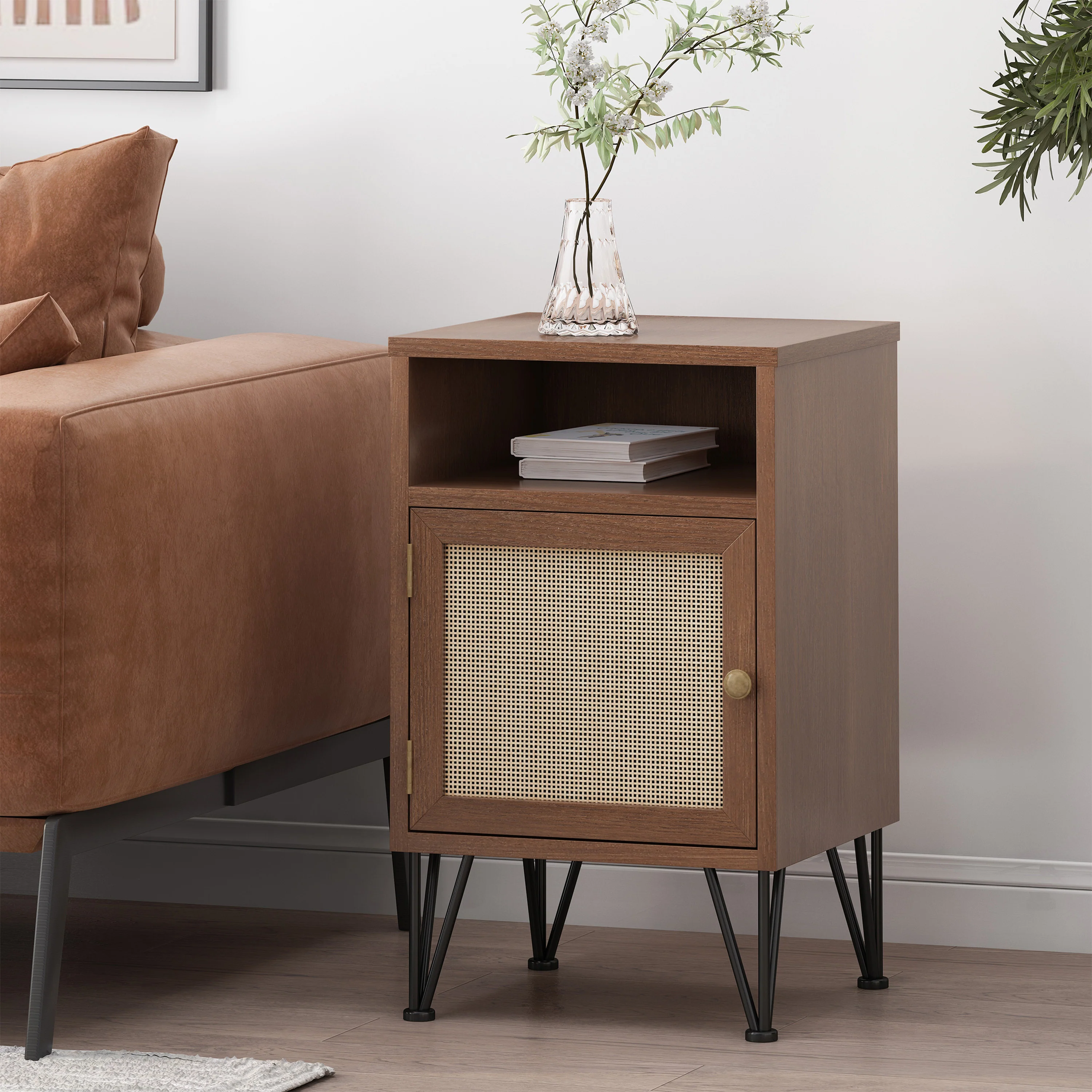 Merlack Contemporary End Table with Storage, Walnut, Natural, and Black - furnishings