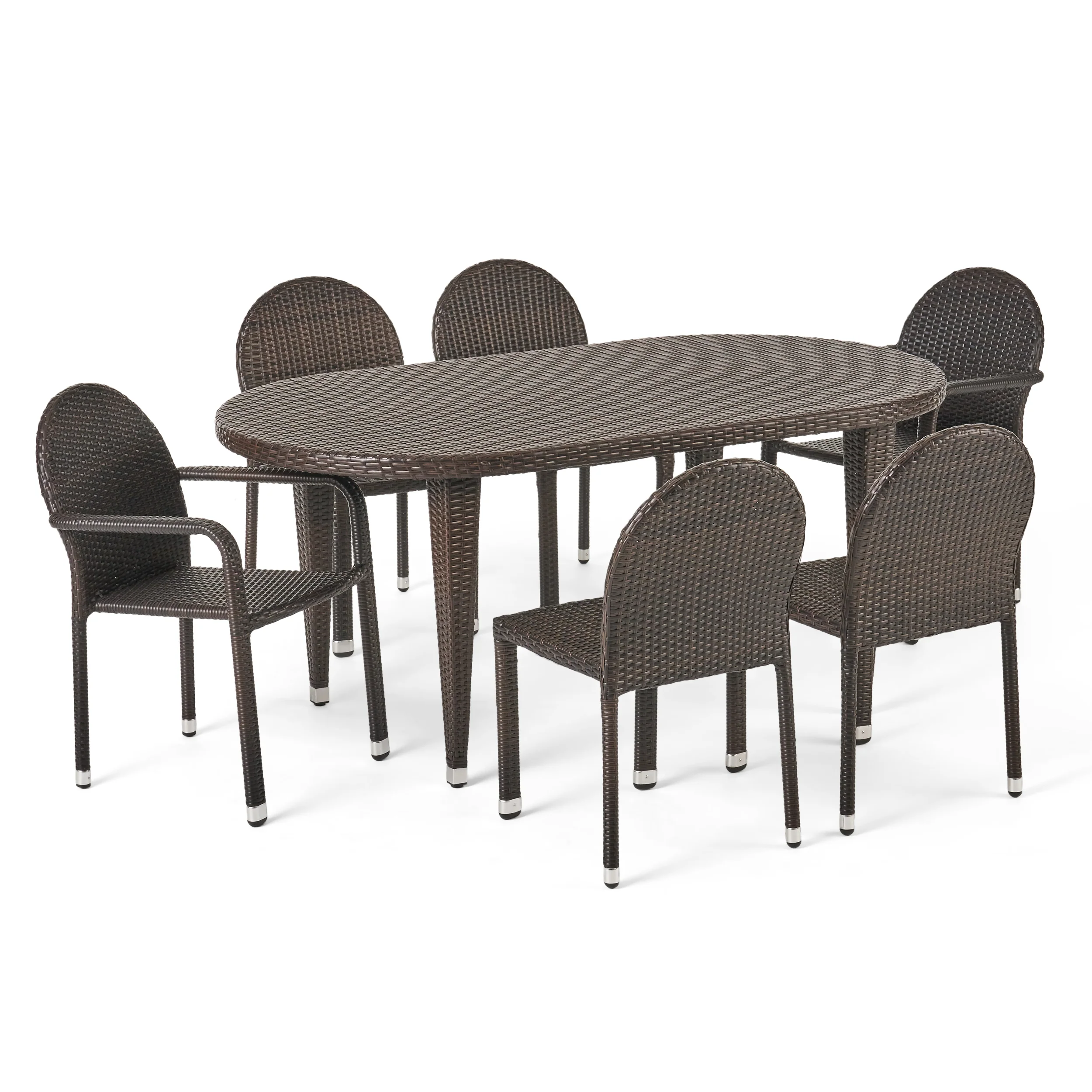 Ashlynn Outdoor 7 Piece Multi-brown Wicker Dining Set with Stacking Chairs - furnishings