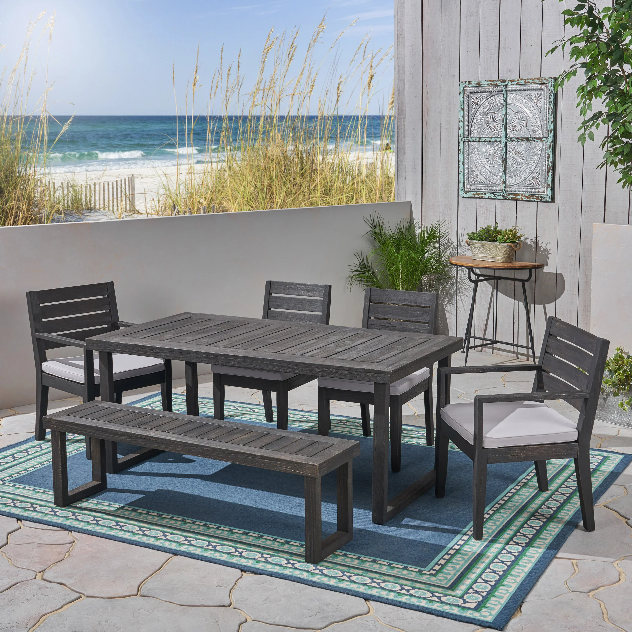 Eric Outdoor 6-Seater Acacia Wood Dining Set with Bench - furnishings