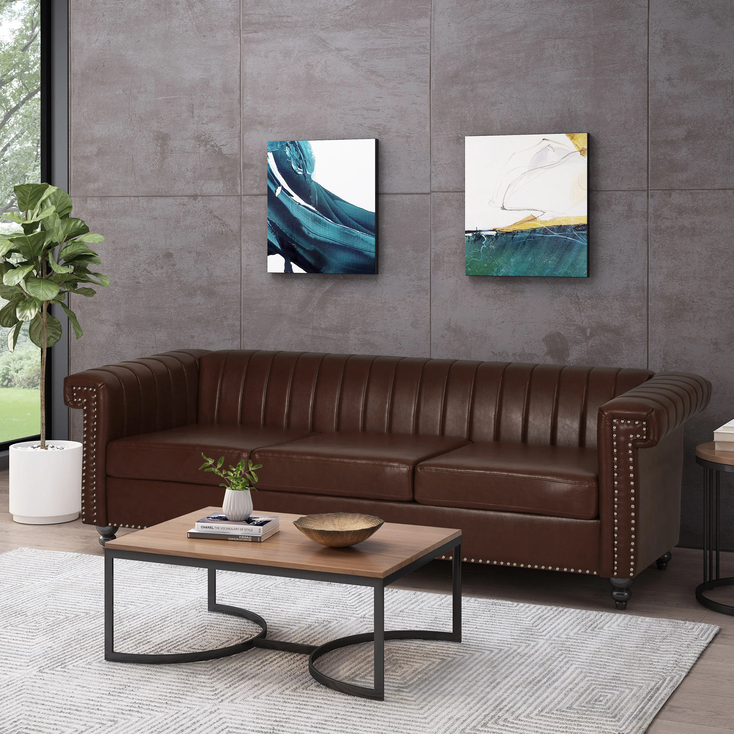 Donley Contemporary Channel Stitch 3 Seater Sofa with Nailhead Trim - furnishings