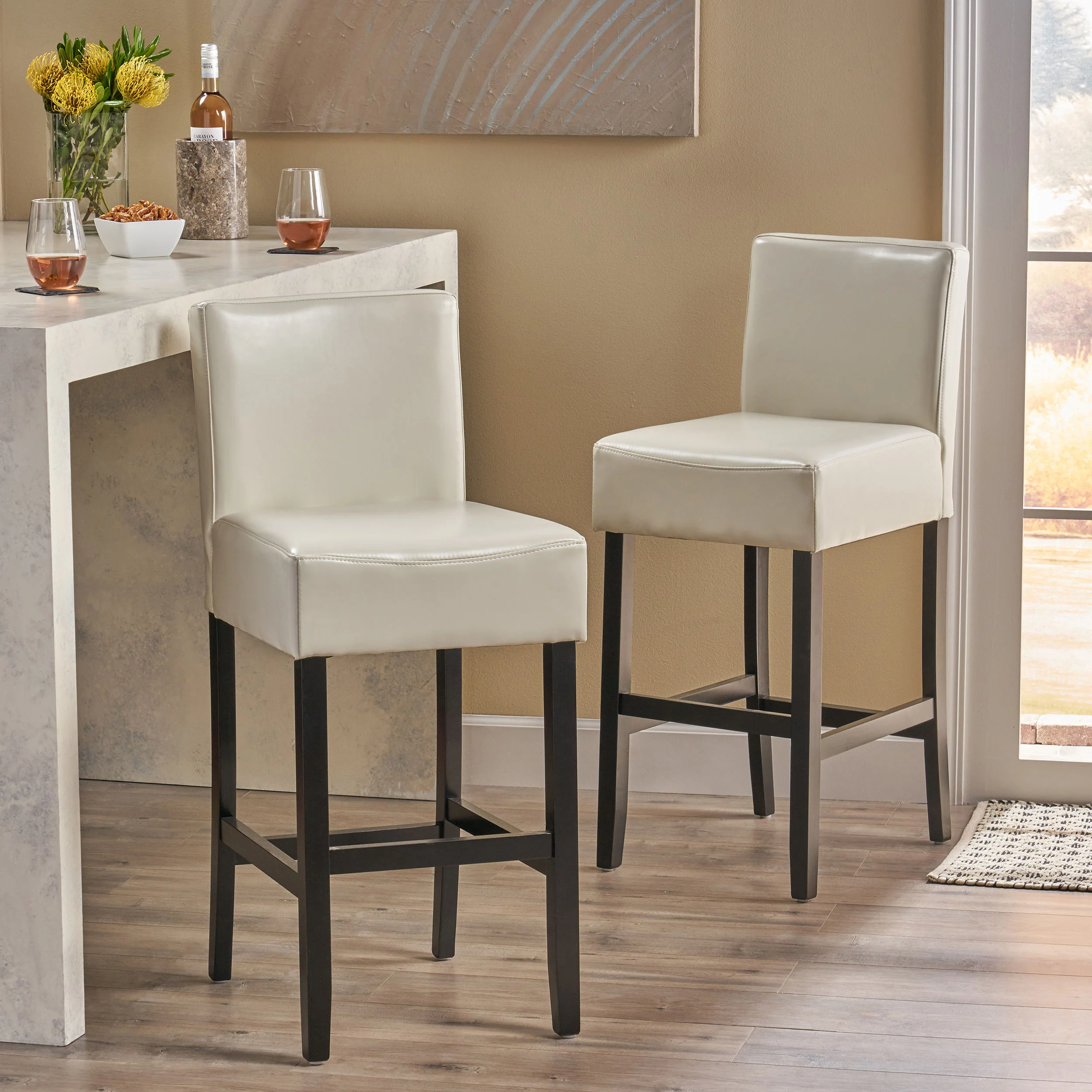 Lowry Contemporary Upholstered Ivory Bonded Leather Backed Barstools (Set of 2) - furnishings