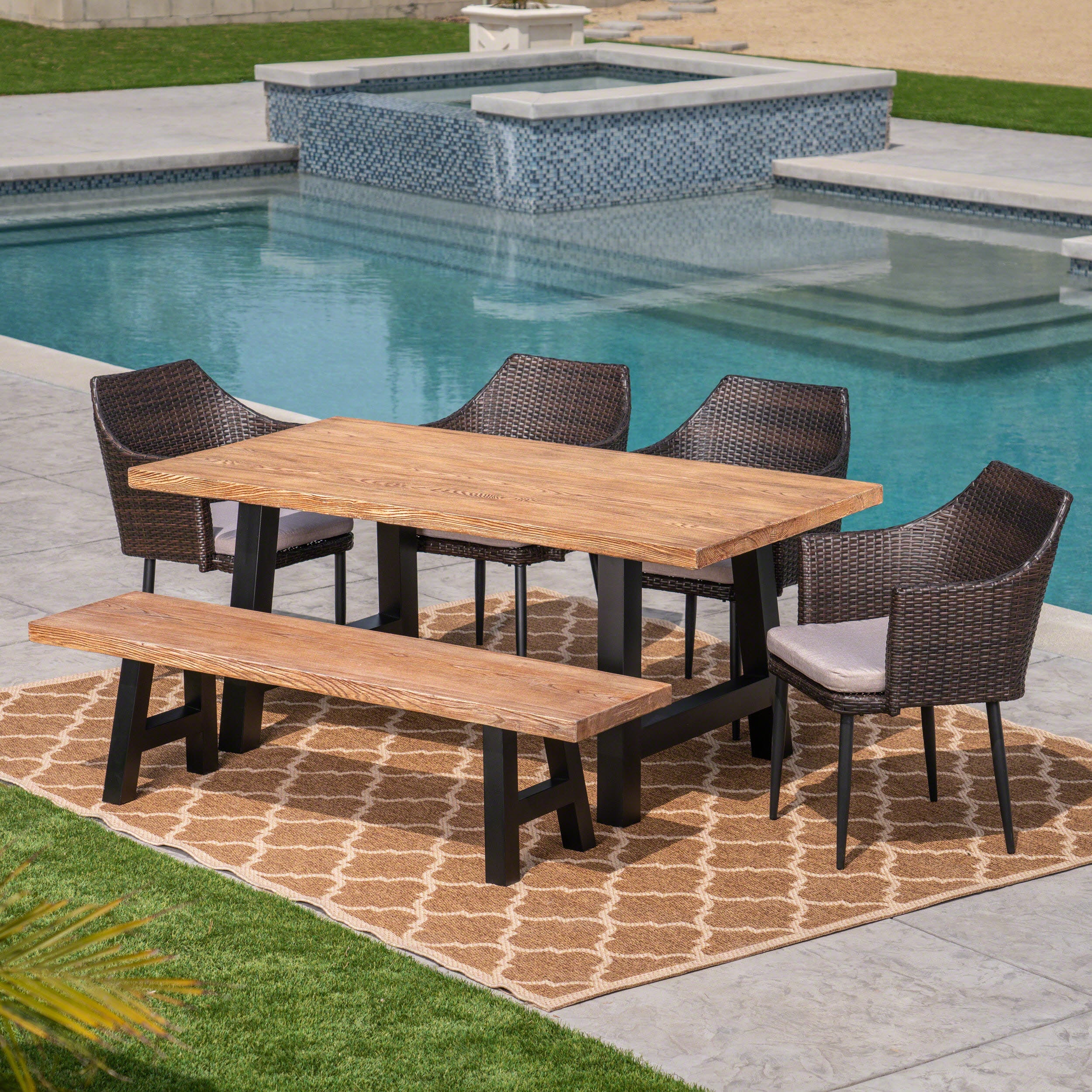 Blanche Outdoor 6 Piece Multibrown Wicker Dining Set with Natural Oak Finish Light Weight Concrete Table and Bench and Textured Beige Water Resistant Cushions - furnishings