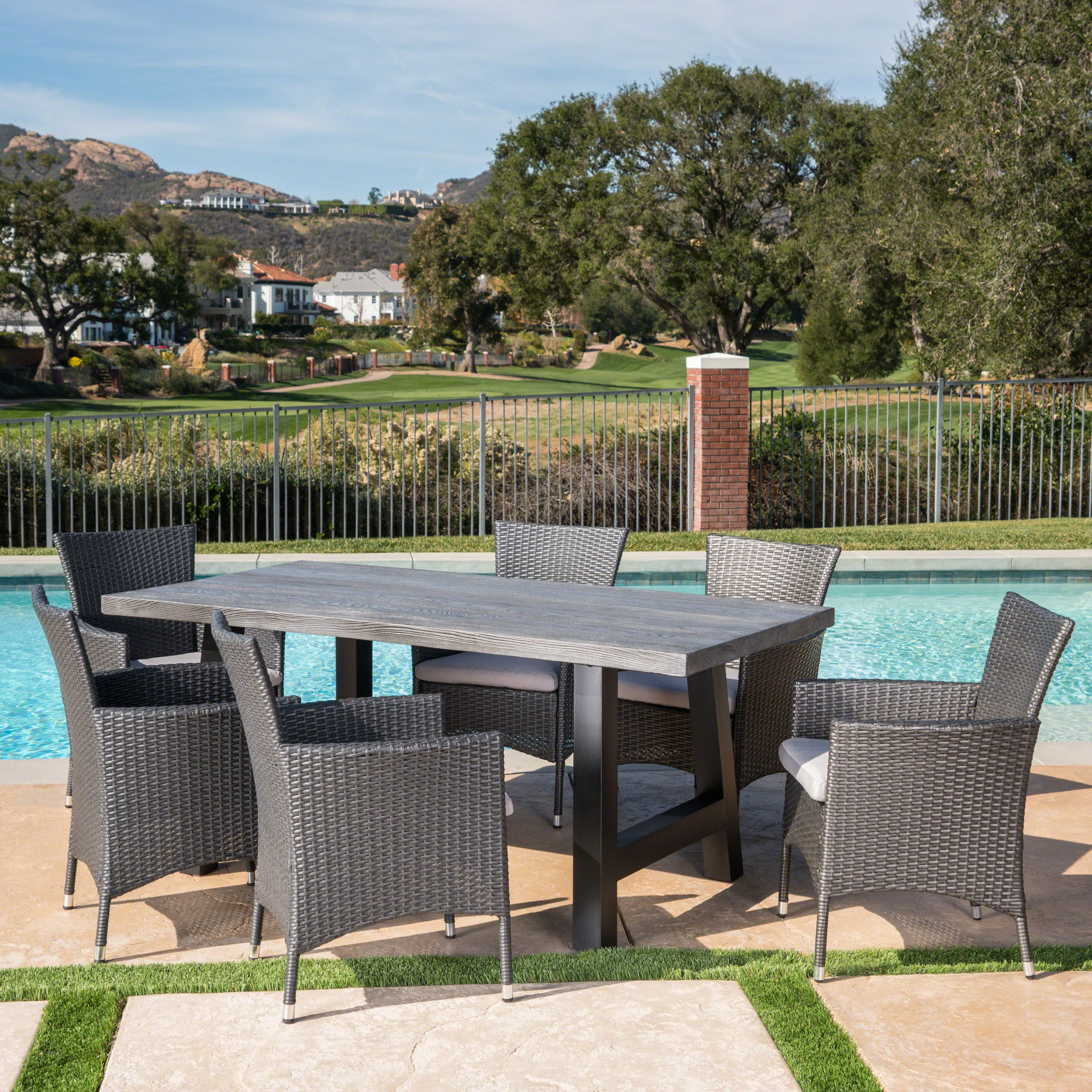 Gina Outdoor 7 Piece Wicker Dining Set with Light Weight Concrete Table - furnishings