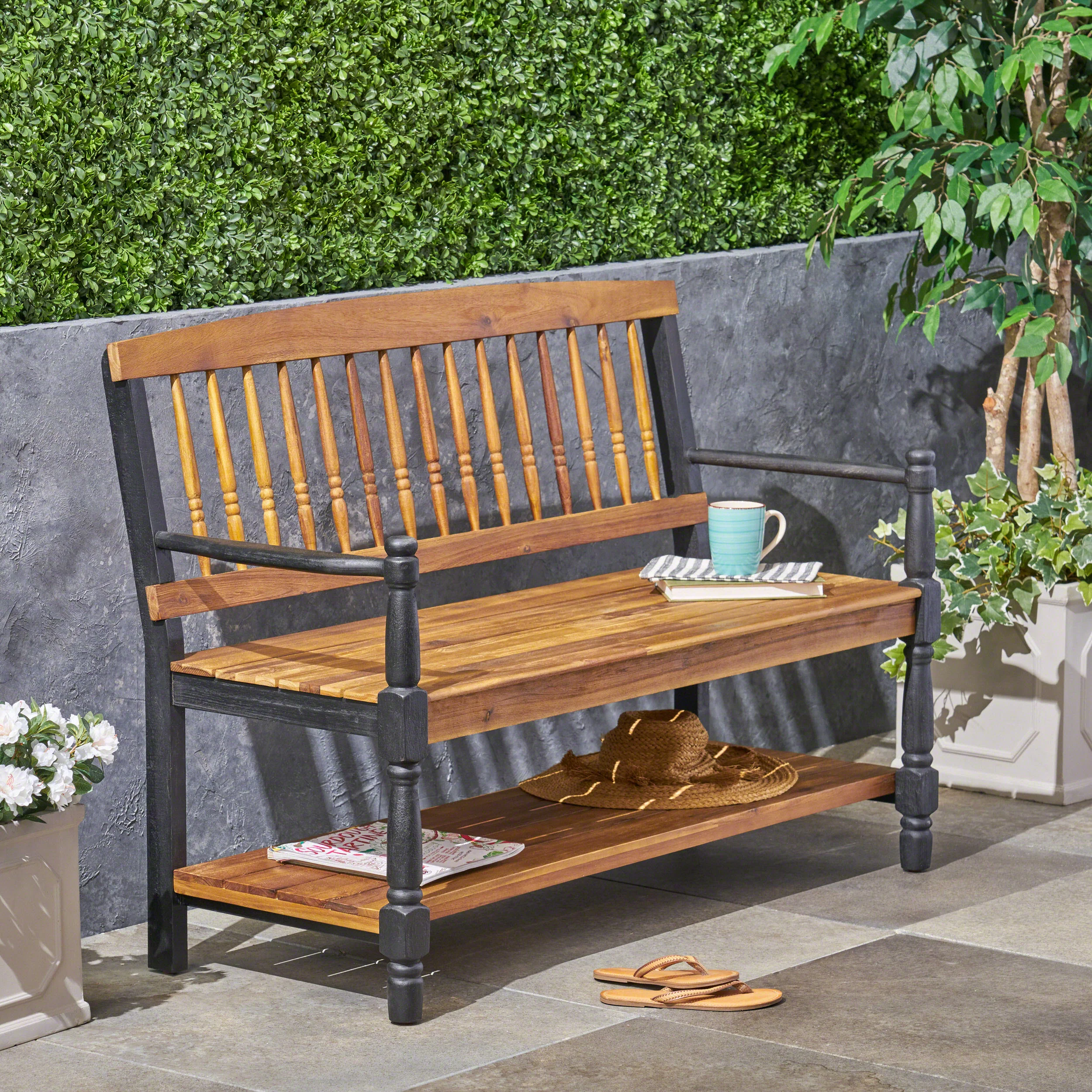 Daphne Outdoor Acacia Wood Bench with Shelf - furnishings