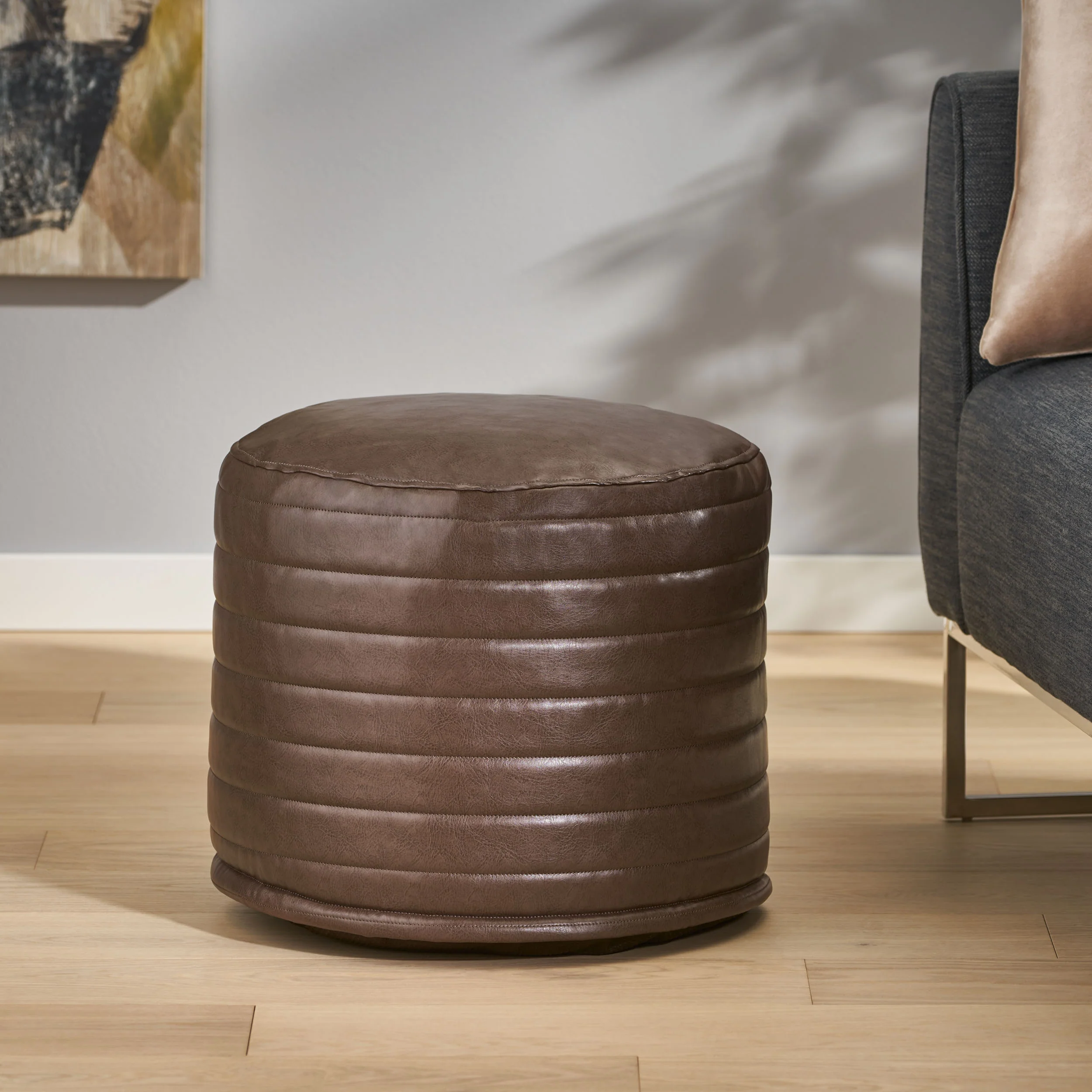 Conrail Contemporary Faux Leather Channel Stitch Pouf - furnishings