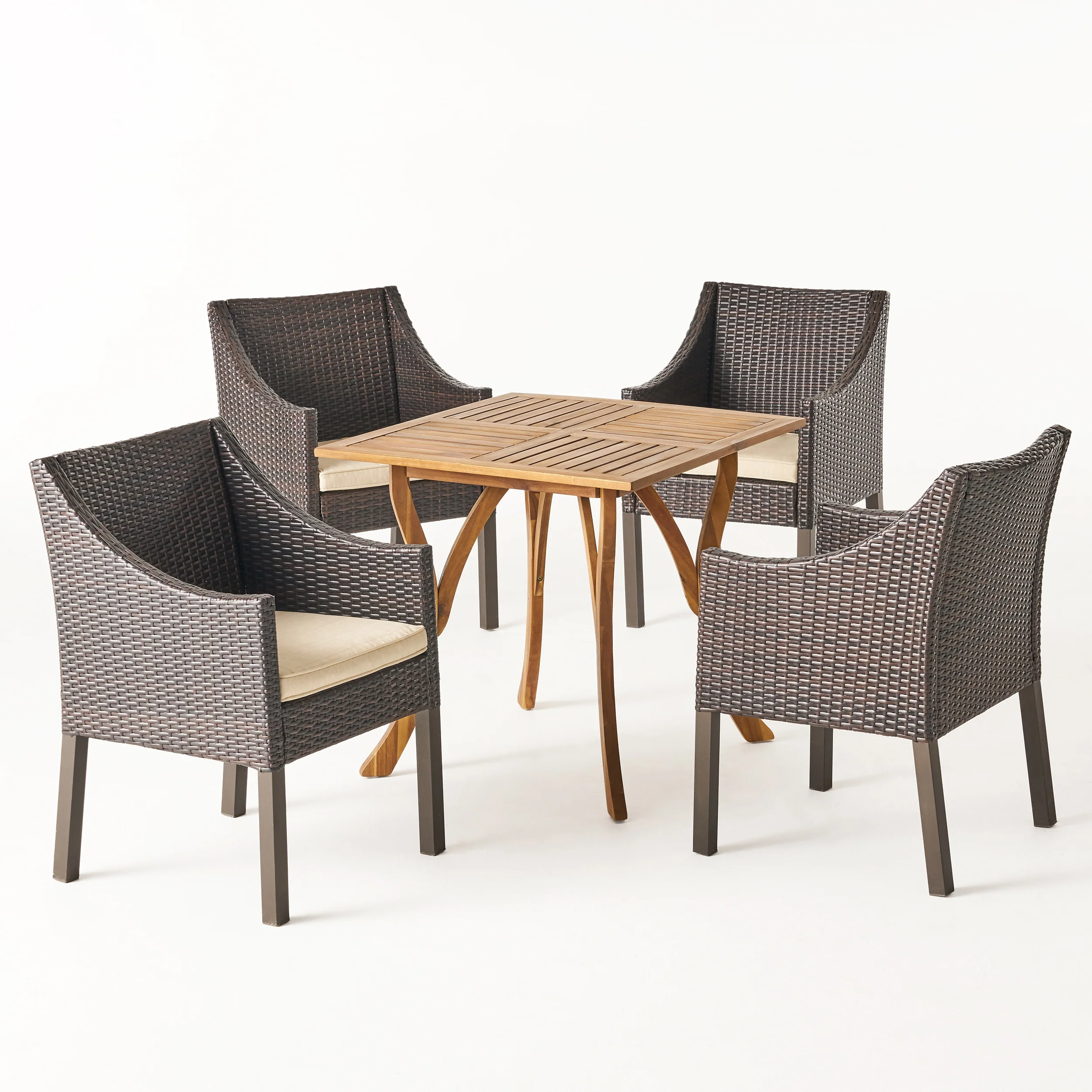 Marcy Outdoor 5 Piece Acacia Wood/ Wicker Dining Set with Cushions, Teak Finish and Multibrown with Beige - furnishings