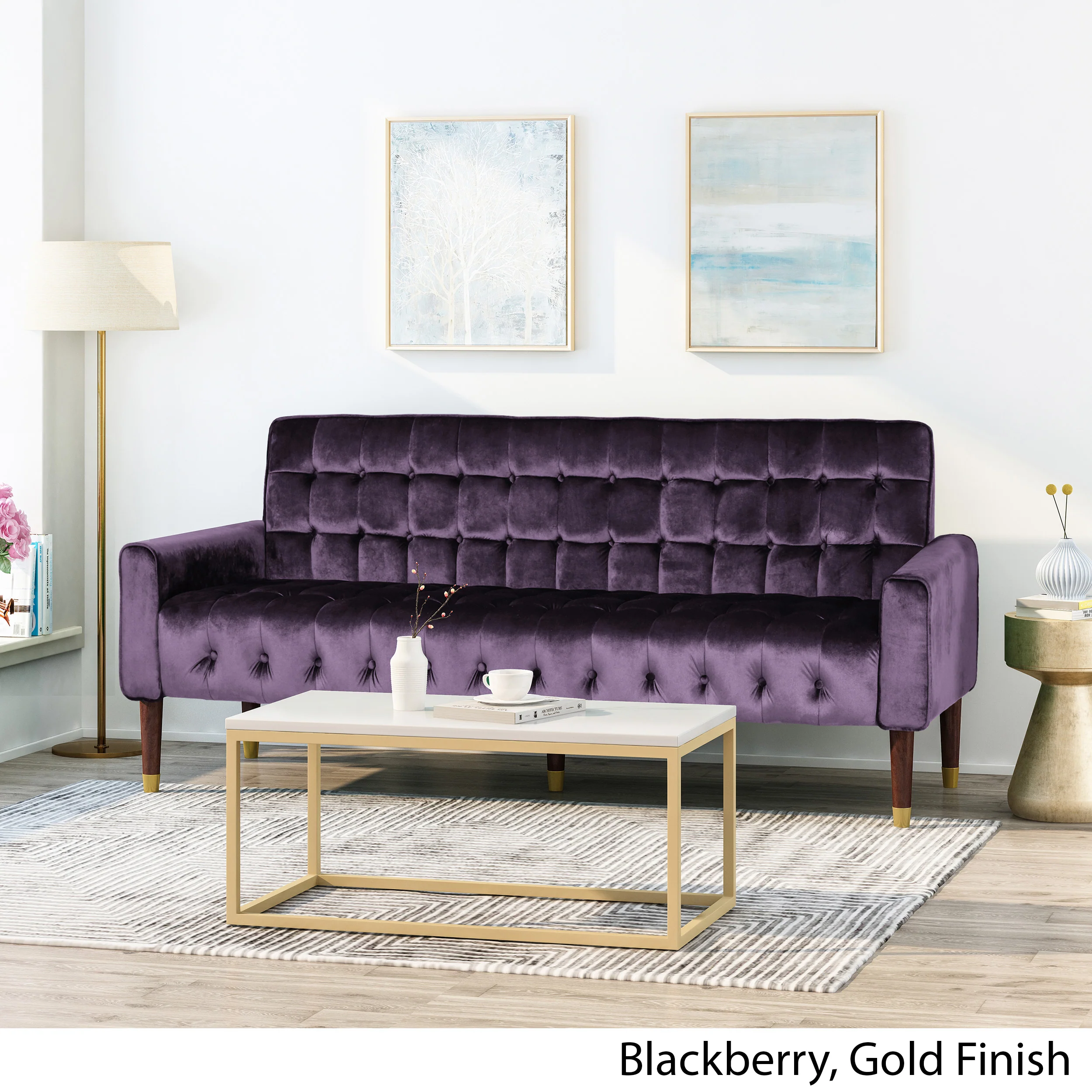 Adan Tufted Velvet Sofa with Gold Tipped Tapered Legs - furnishings
