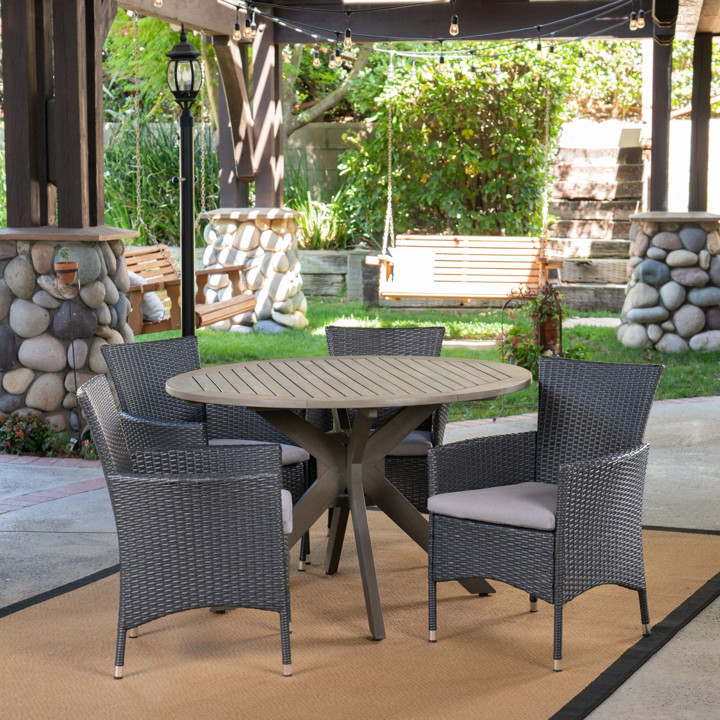 Key Outdoor 5 Piece Wood and Wicker Dining Set, Gray and Gray - furnishings