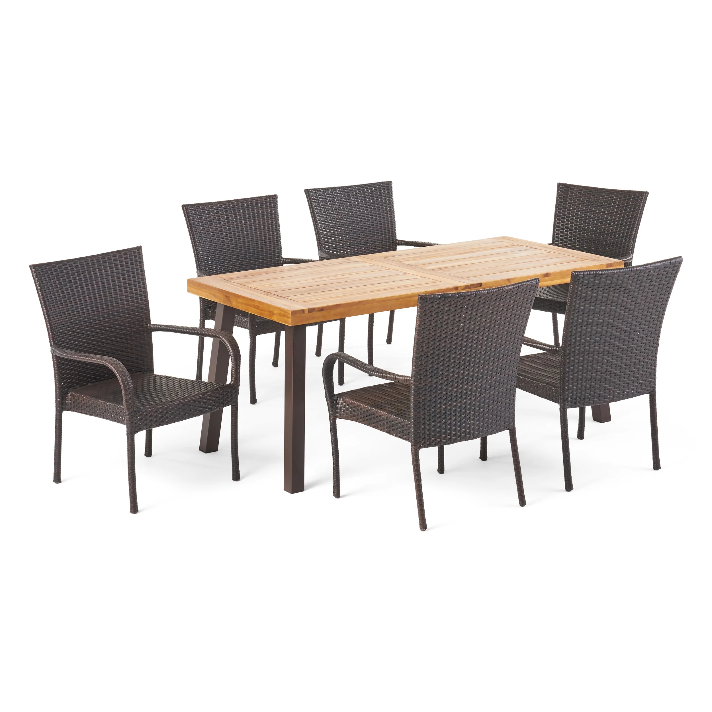 Leopold Outdoor 7 Piece Acacia Wood/ Wicker Dining Set, Teak Finish and Multibrown - furnishings