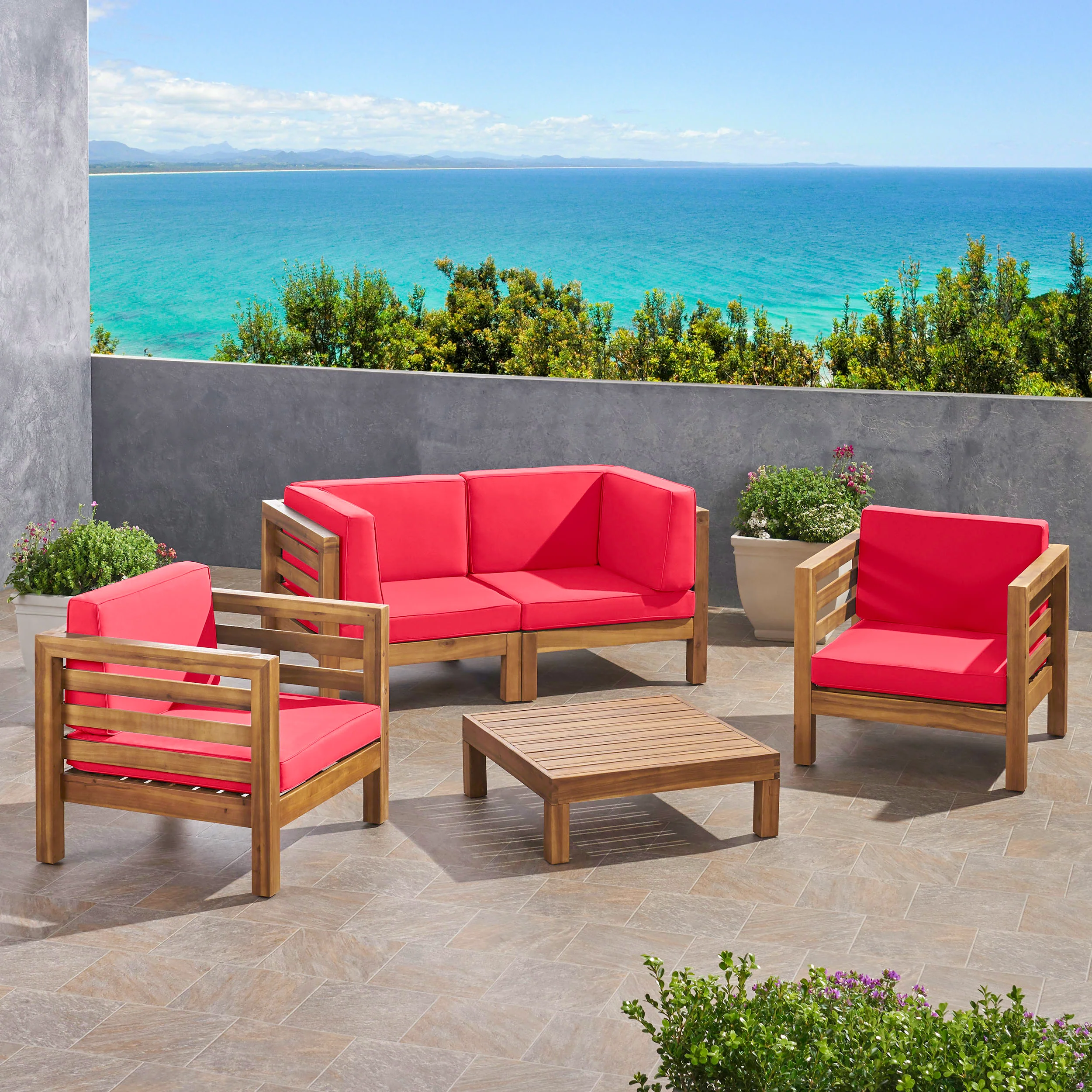 Emma Outdoor 4 Seater Acacia Wood Loveseat Chat Set - furnishings