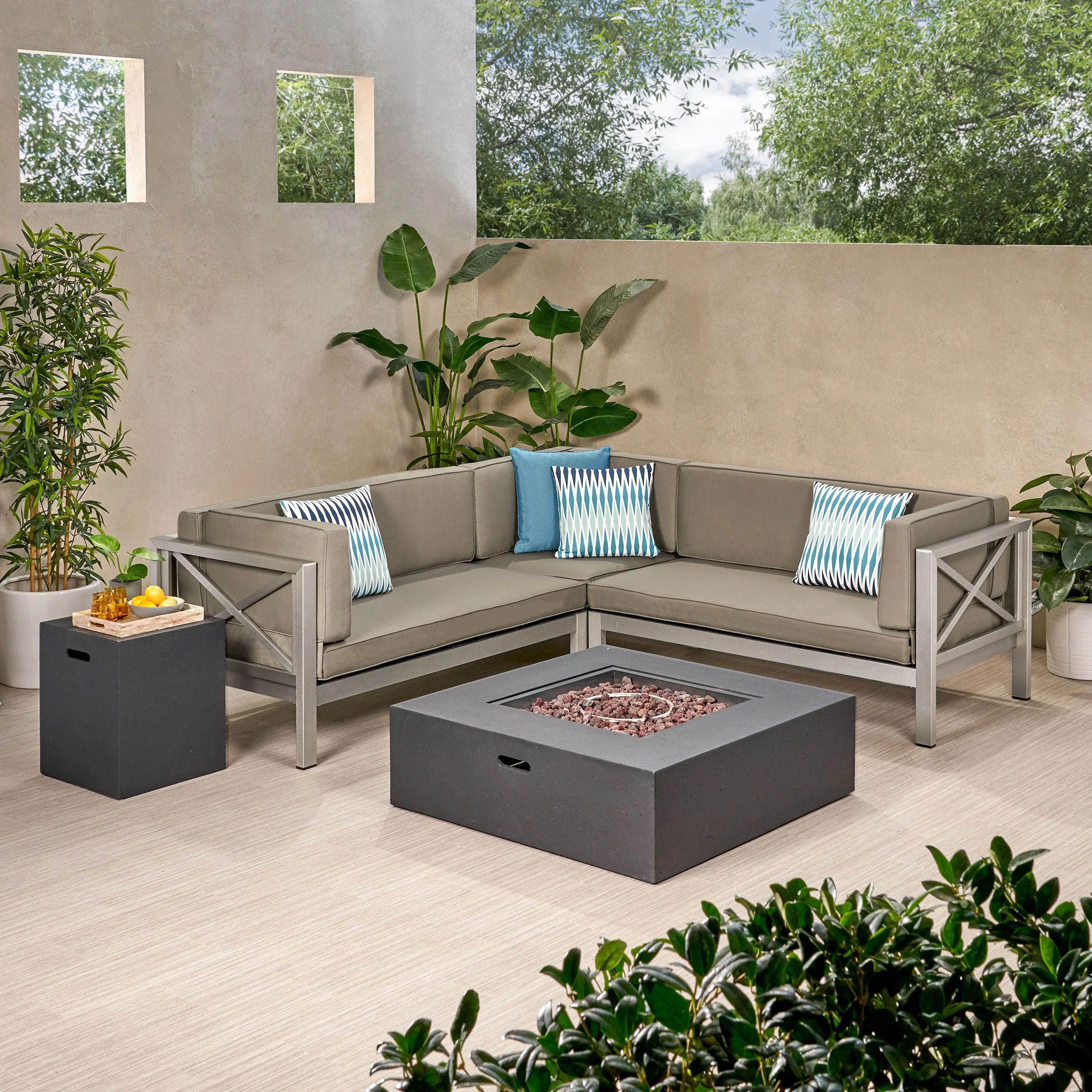 Morocco Vista Outdoor Modern 5 Seater V-Shaped Sectional Sofa Set with Fire Pit and Tank Holder - furnishings