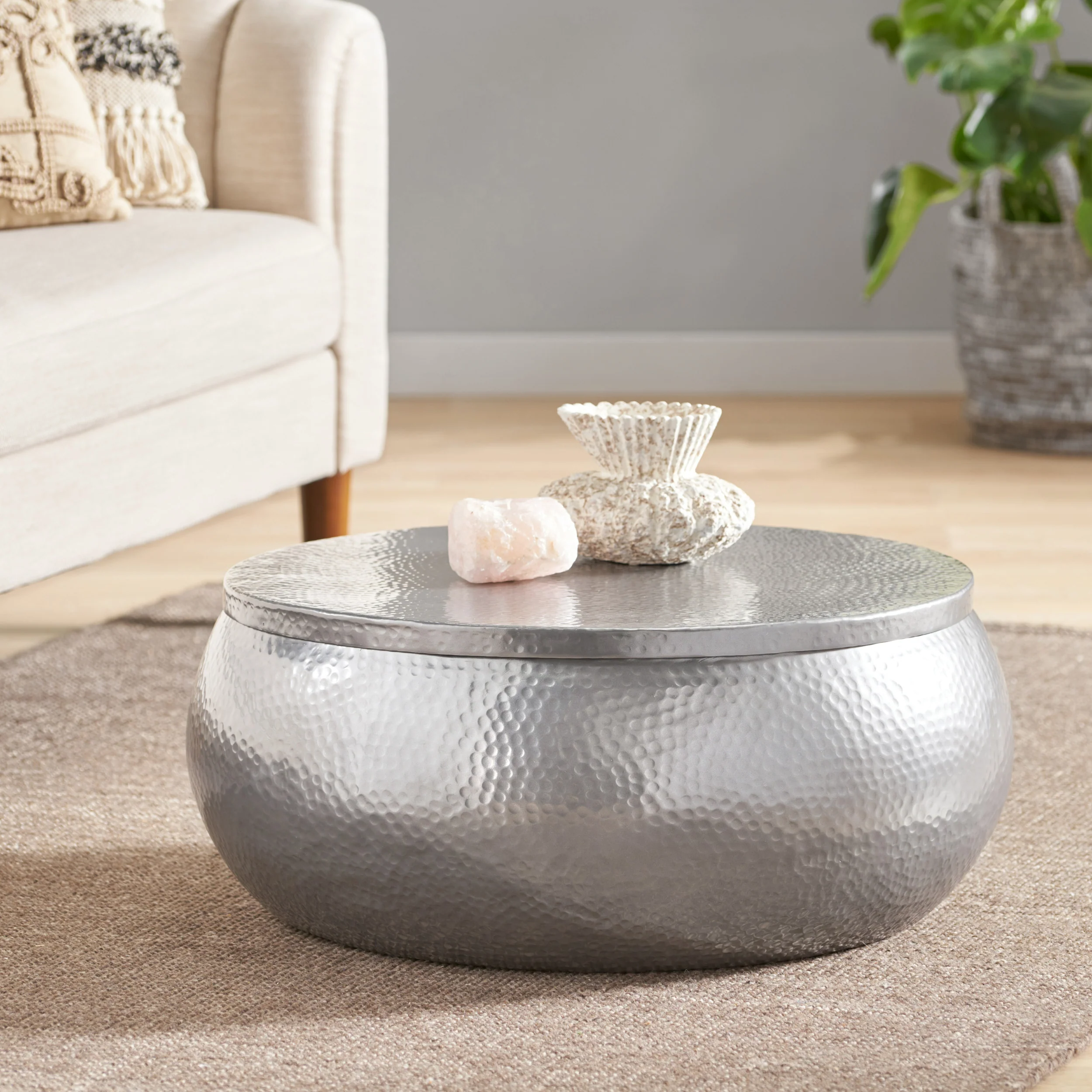 Tuttle Modern Handcrafted Aluminum Drum Coffee Table, Nickel - furnishings