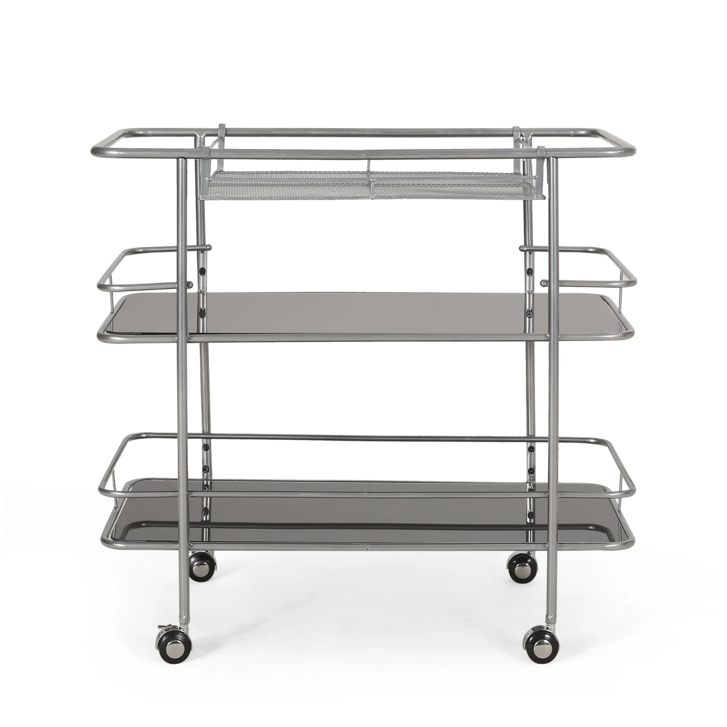 Galata Modern 3 Tier Bar Cart with Glass Shelving, Silver and Black - furnishings