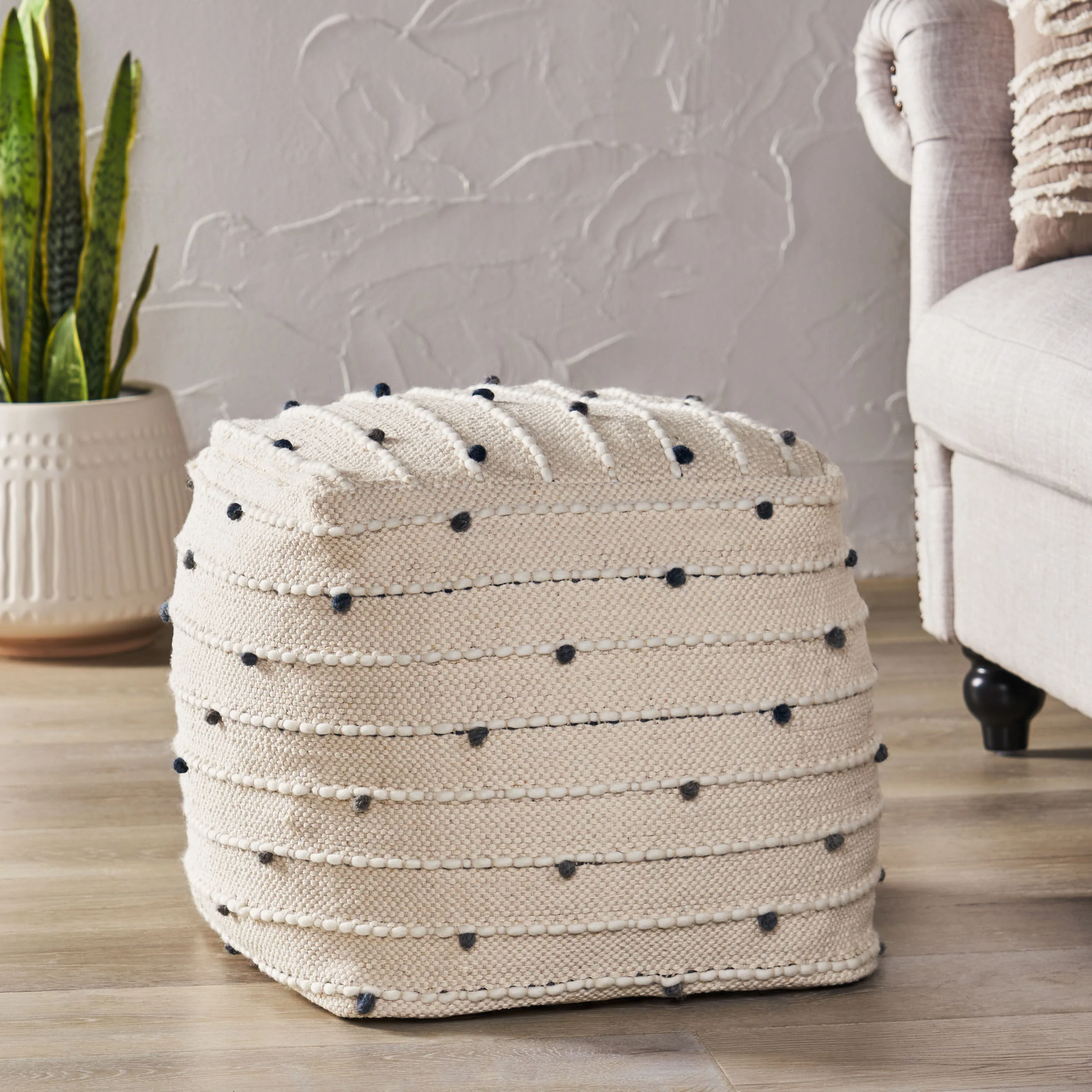Swint Pates Boho Handcrafted Fabric Cube Pouf, Ivory and Blue - furnishings