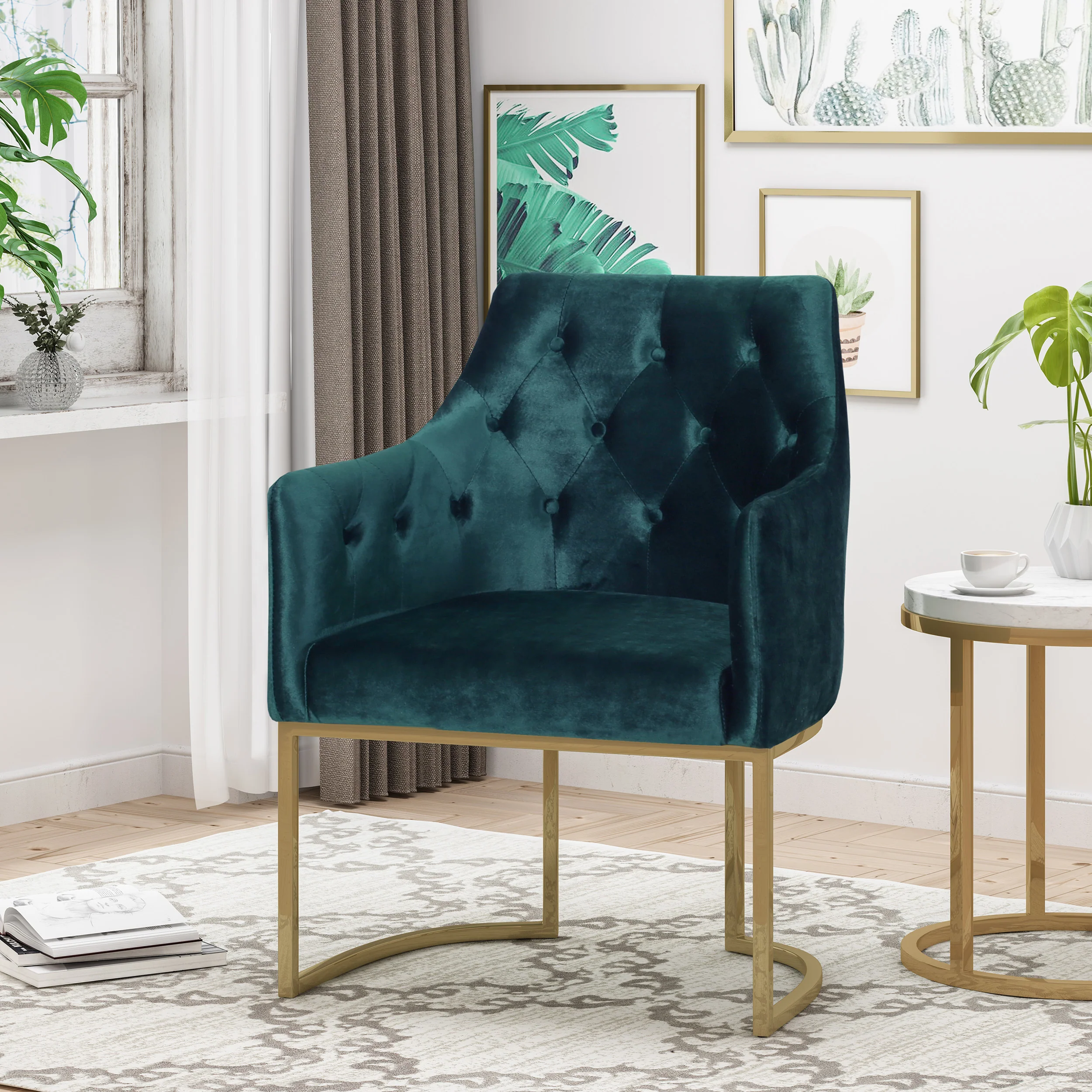 Fern Modern Tufted Glam Accent Chair with Velvet Cushions and U-Shaped Base - furnishings