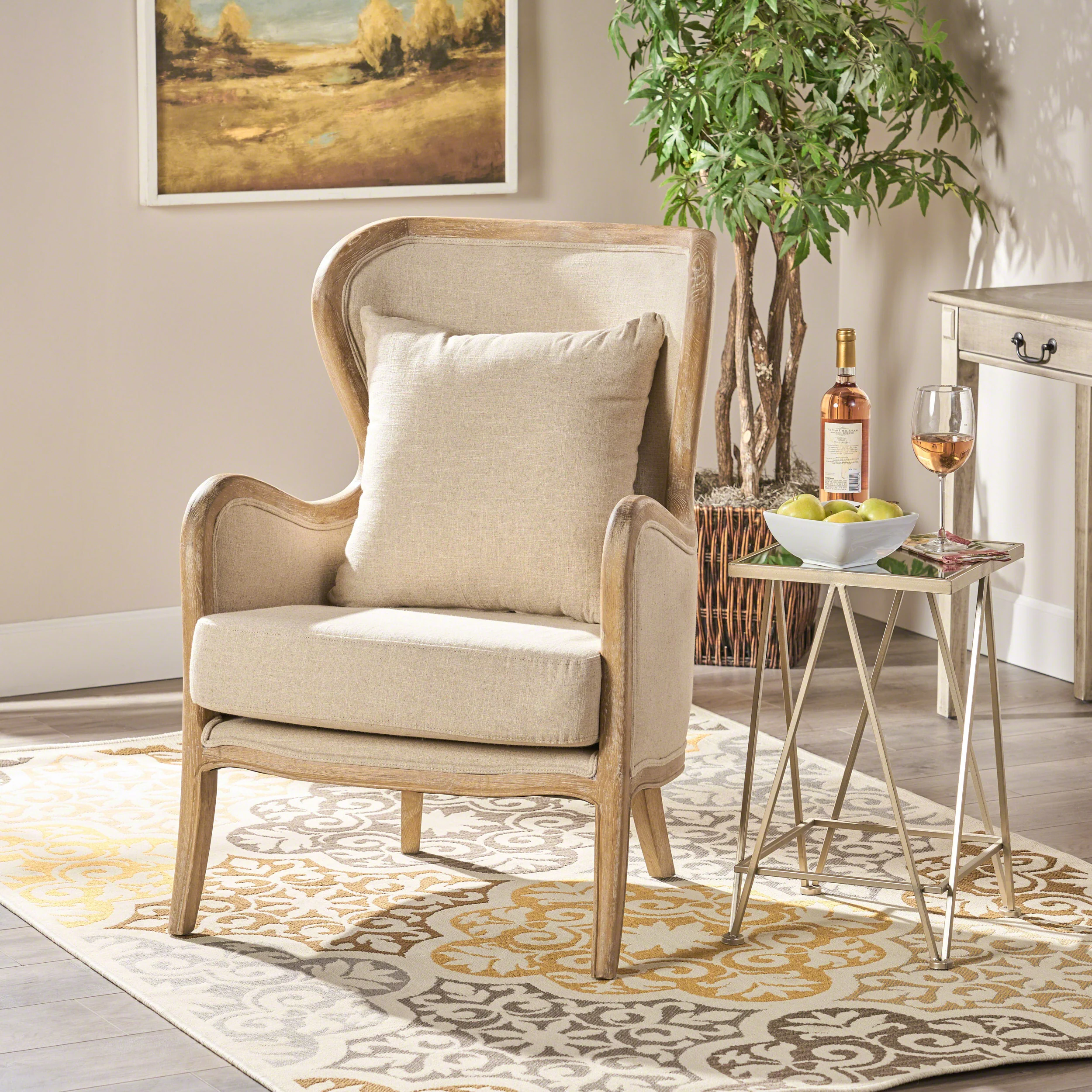 Milton Beige Fabric Wing Chair - furnishings