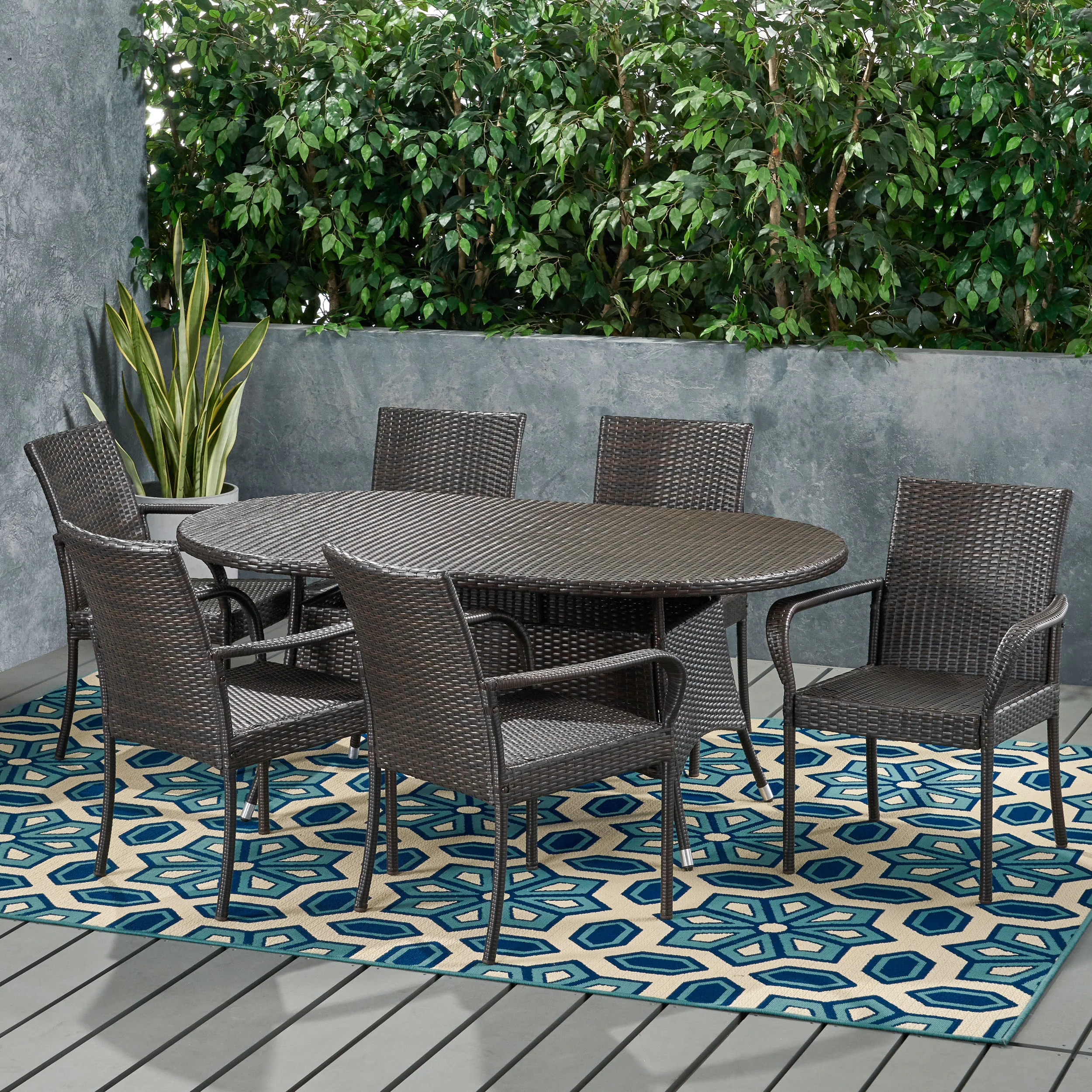 Enzlee Outdoor Contemporary 6 Seater Wicker Dining Set - furnishings