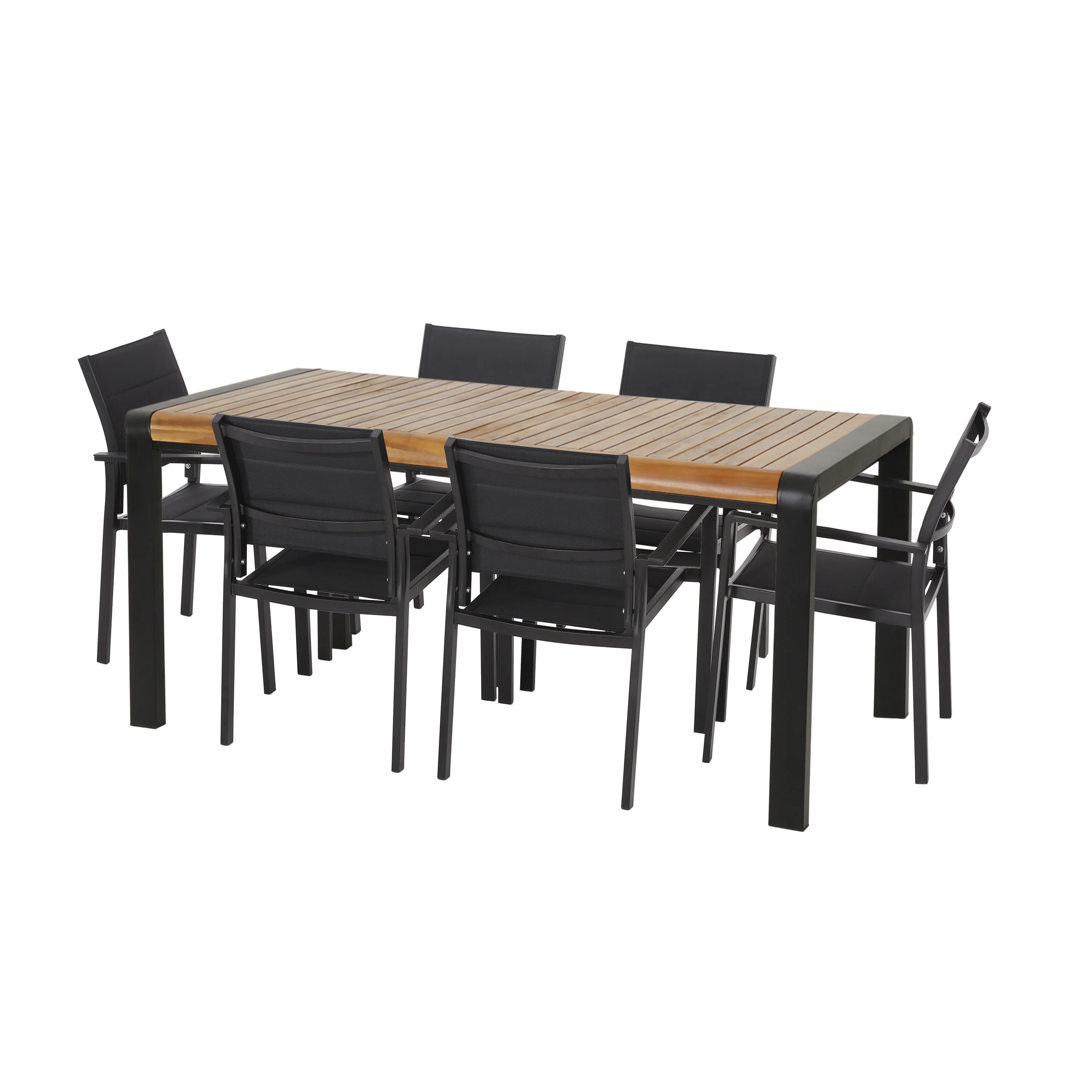 Roseland Outdoor Mesh and Acacia Wood 7 Piece Dining Set, Black and Teak - furnishings