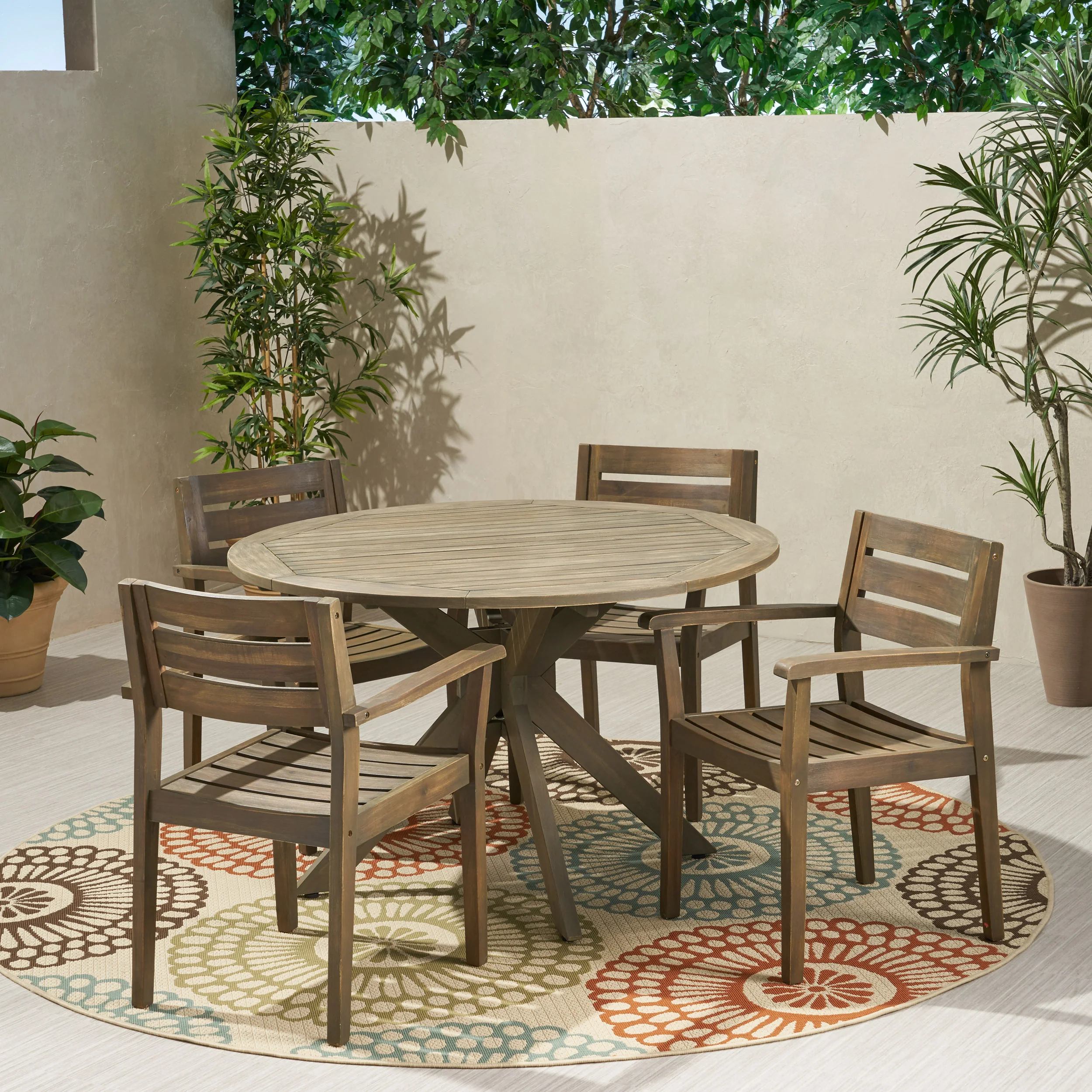 Zack Outdoor 5 Piece Acacia Wood Dining Set with Round Table, Gray Finish - furnishings