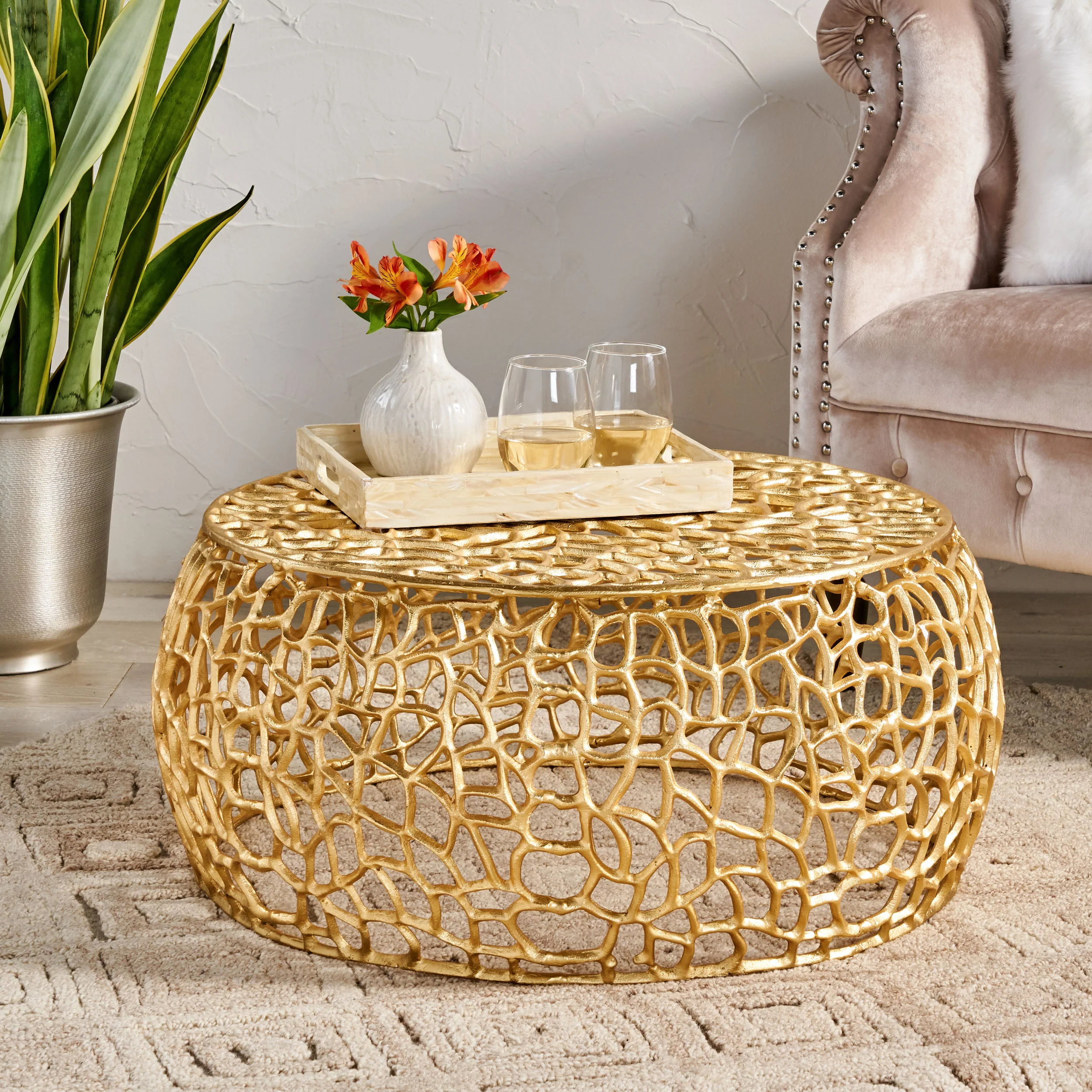 Aaleyah Modern Aluminum Mesh Coffee Table, Gold - furnishings