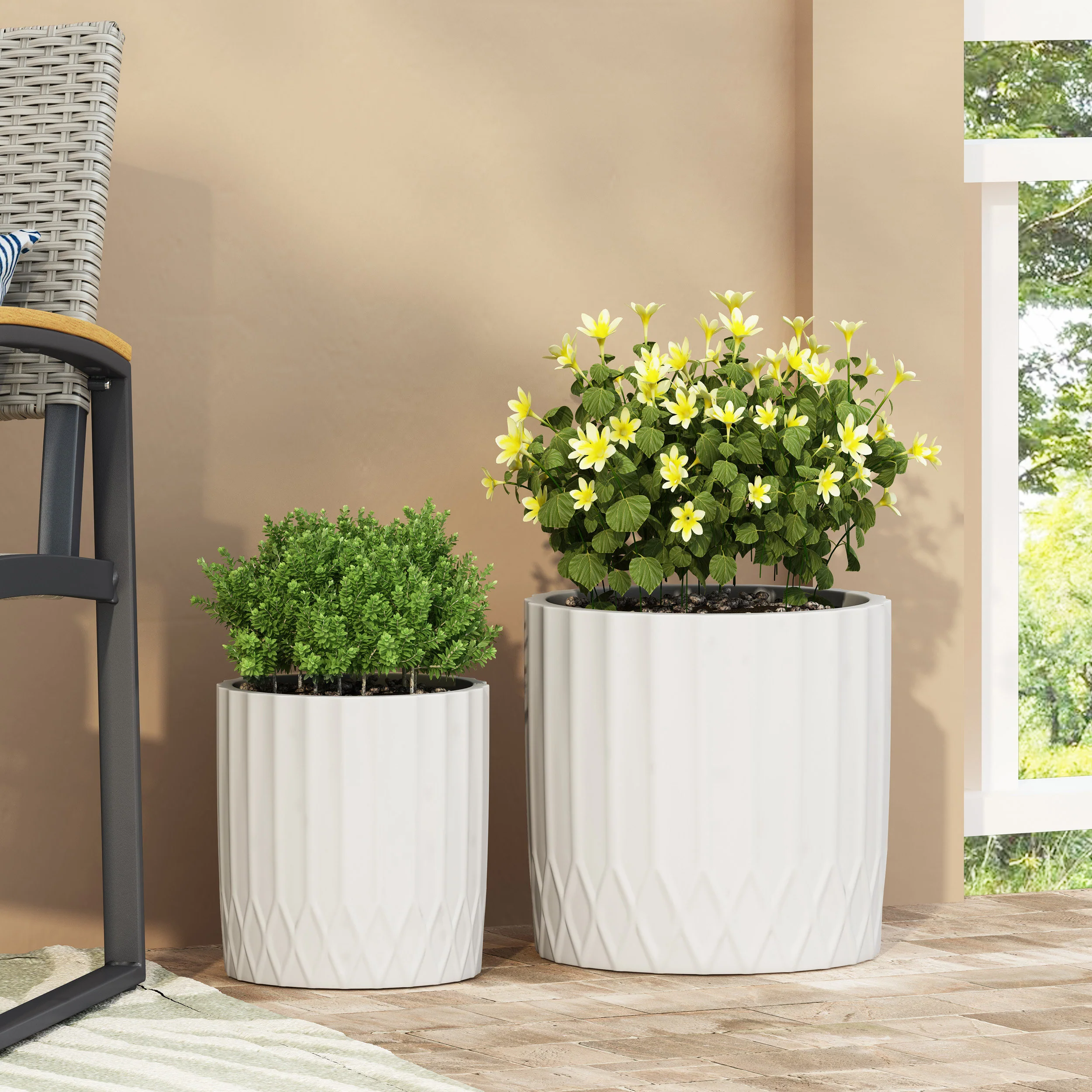 Morelos Outdoor Small and Medium Cast Stone Planter Set, Antique White - furnishings
