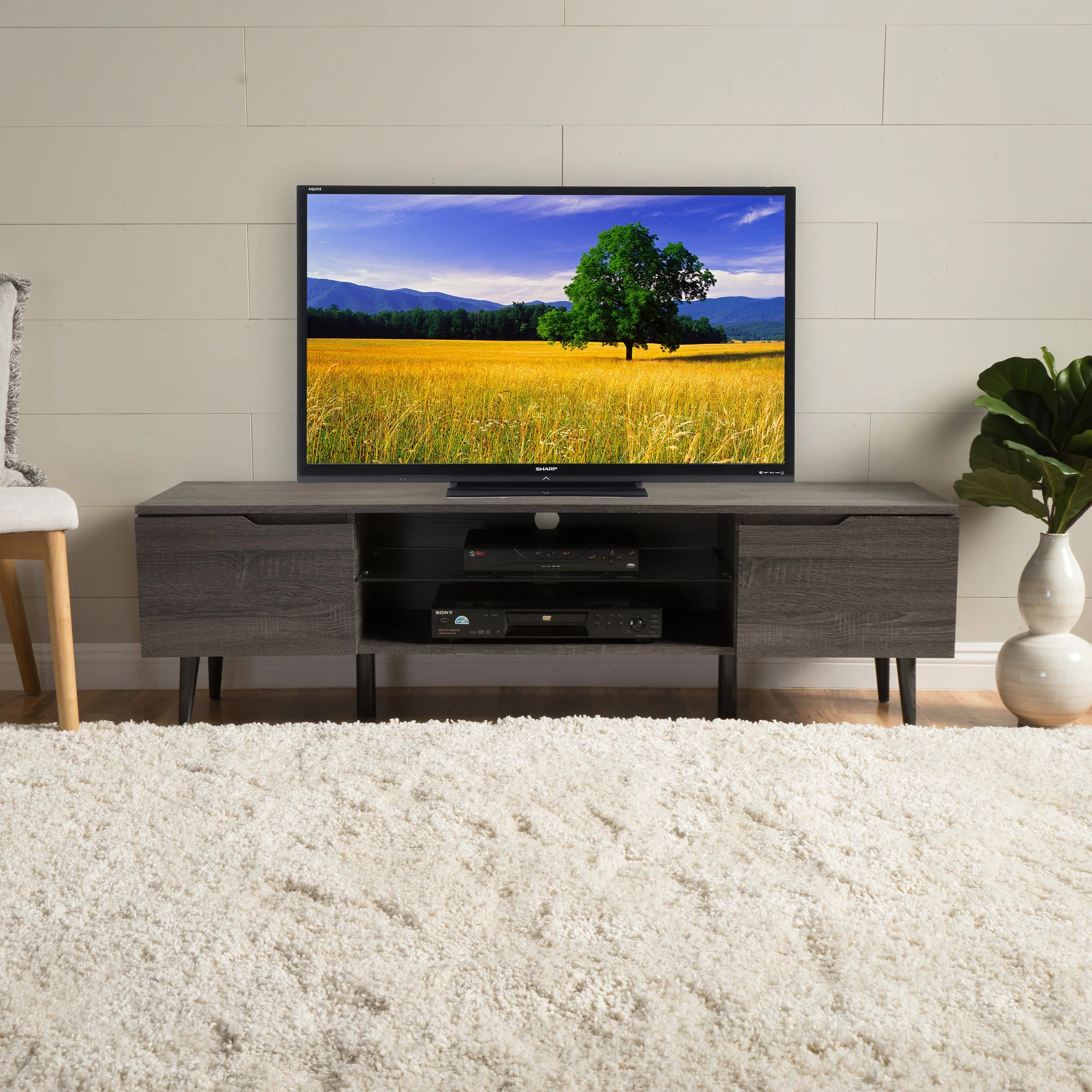 Reginald Mid Century Modern 2 Cabinets & Glass Shelf TV Stand - furnishings
