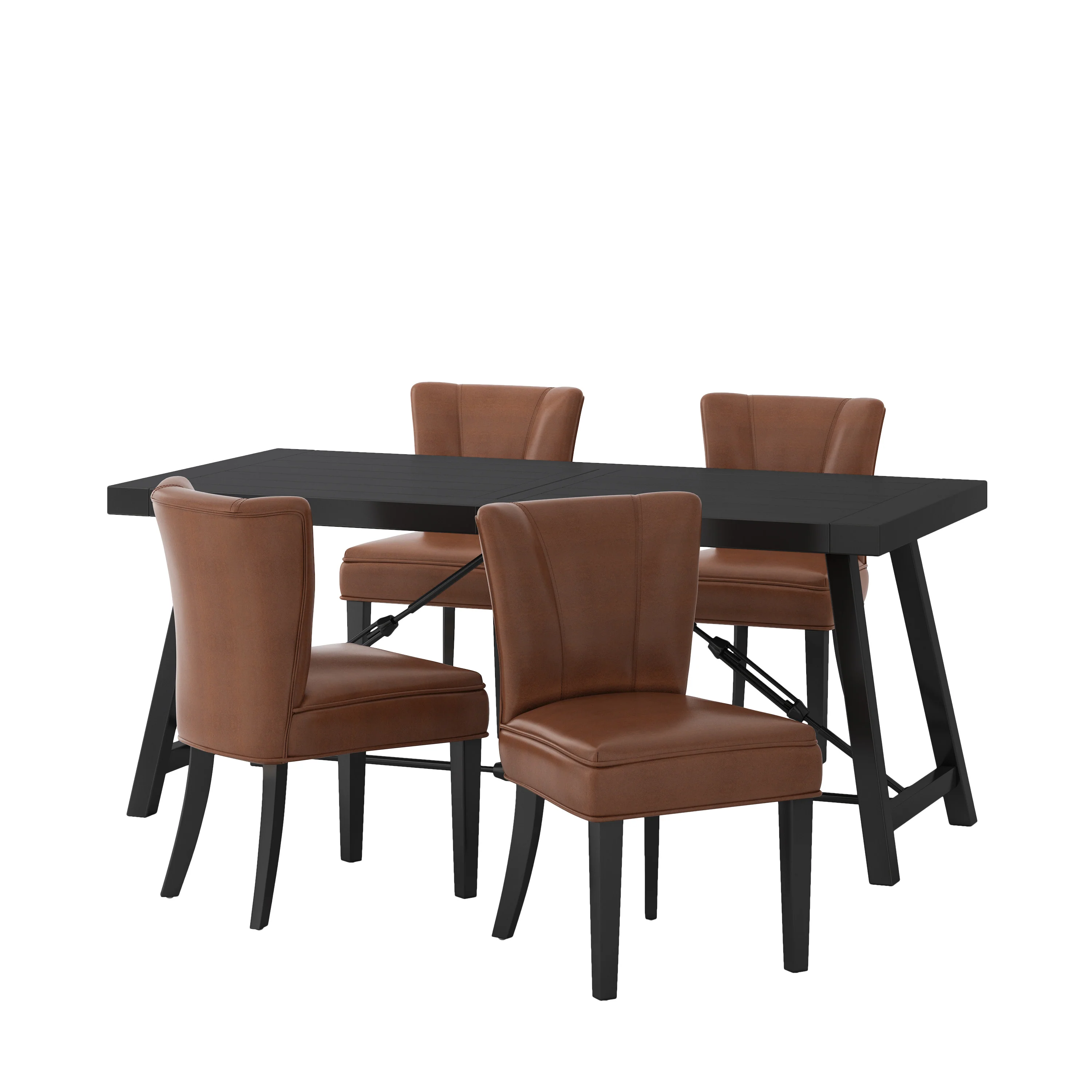 Edgemoor Modern Industrial Faux Leather and Acacia Wood 5 Piece Dining Set, Cognac Brown and Black - furnishings